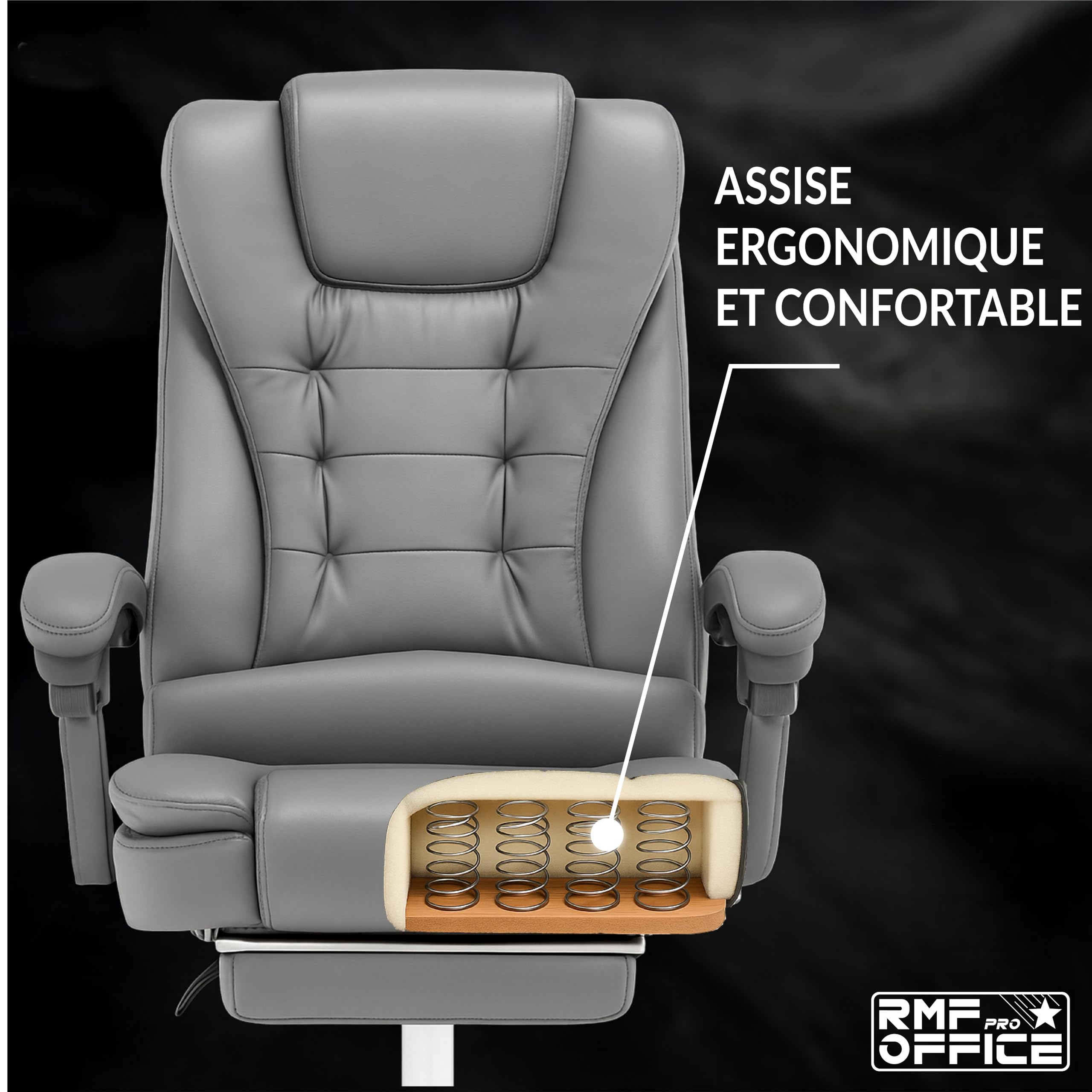 RMF Fauteuil de Bureau Ergonomique Inclinable avec Repose-Pieds, Chaise de Bureau Confortable avec Roulettes Pivotantes et Hauteur Réglable Gris