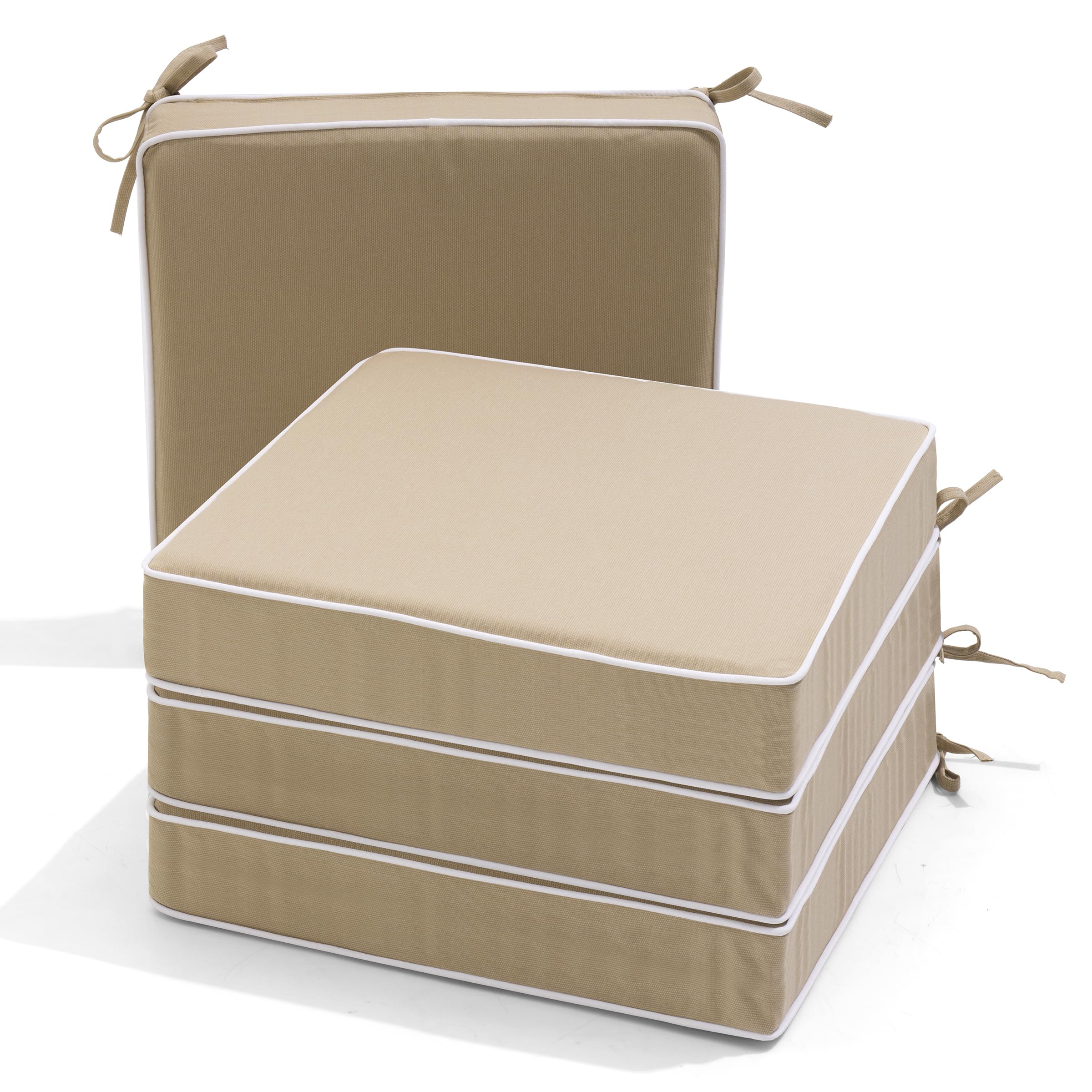 Crestlive Products Outdoor Chair Cushions Set of 4, 19W x19D x2.5T Patio Chair Cushion Set with 30D Foam and Straps, Waterproof and Fade Resistant Patio Furniture Cushions Replacement for Sofa, Beige