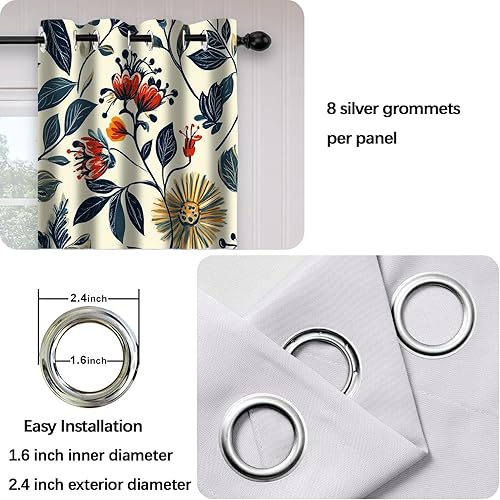 Miniatura 6 de iTapnoom Cortinas opacas con hojas florales, flores bohemias rojas y amarillas, cortinas de ventana de arte estético para oscurecer con aislamiento