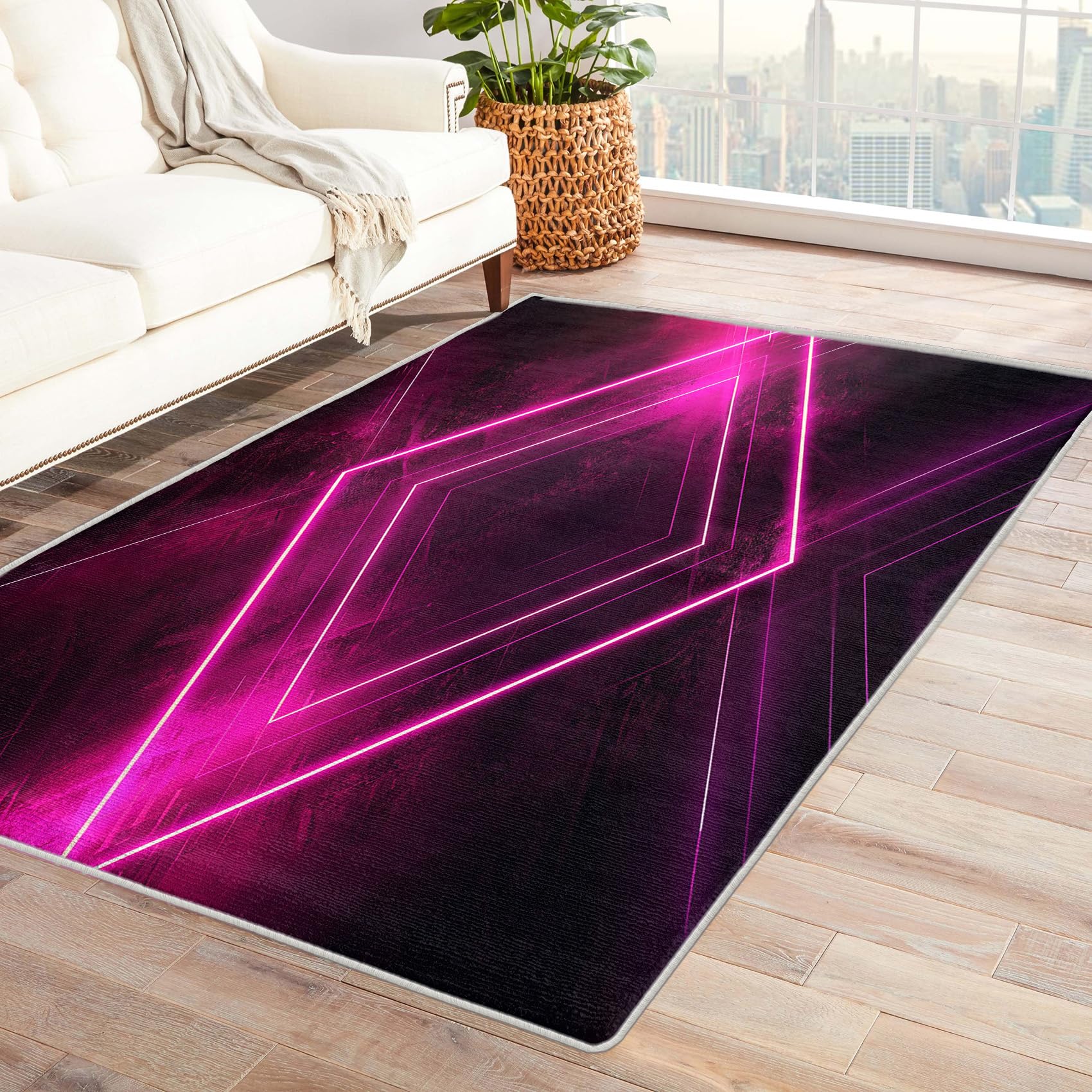 Neon Gaming Rug - Boys Gamer Rug, Hot Pink and Black Rugs for Living Room Bedroom, Washable Non Slip Soft Large Carpet, Patterned Area Rugs & Home Decor 120x170 cm