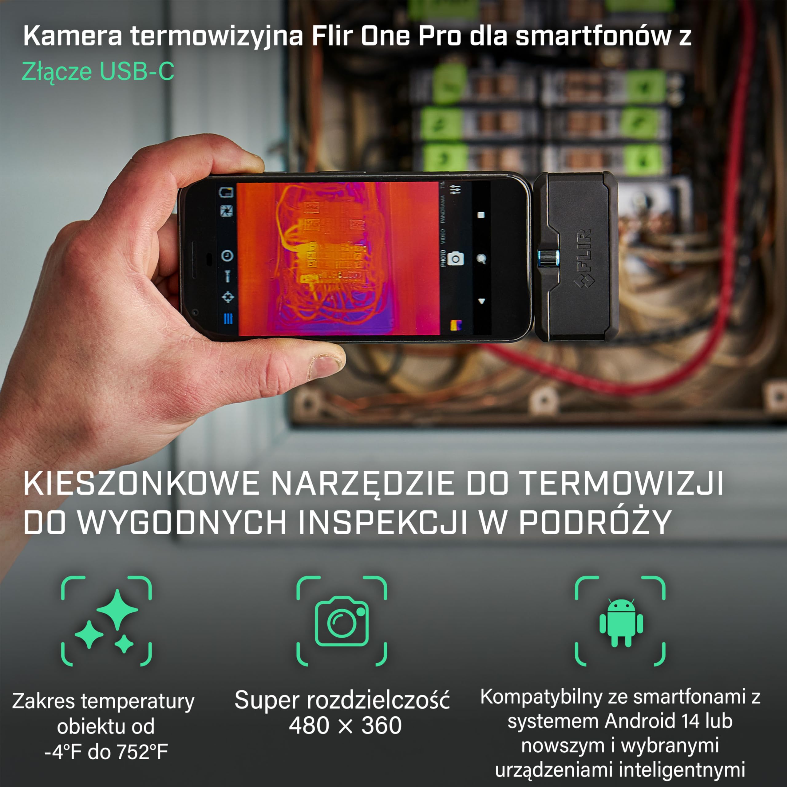 Flir One Pro Kamera Termowizyjna do Android USB-C, 480x360 | USB-C, natywna IR 160x120, MSX, VividIR, wytrzymała budowa, etui, kabel USB