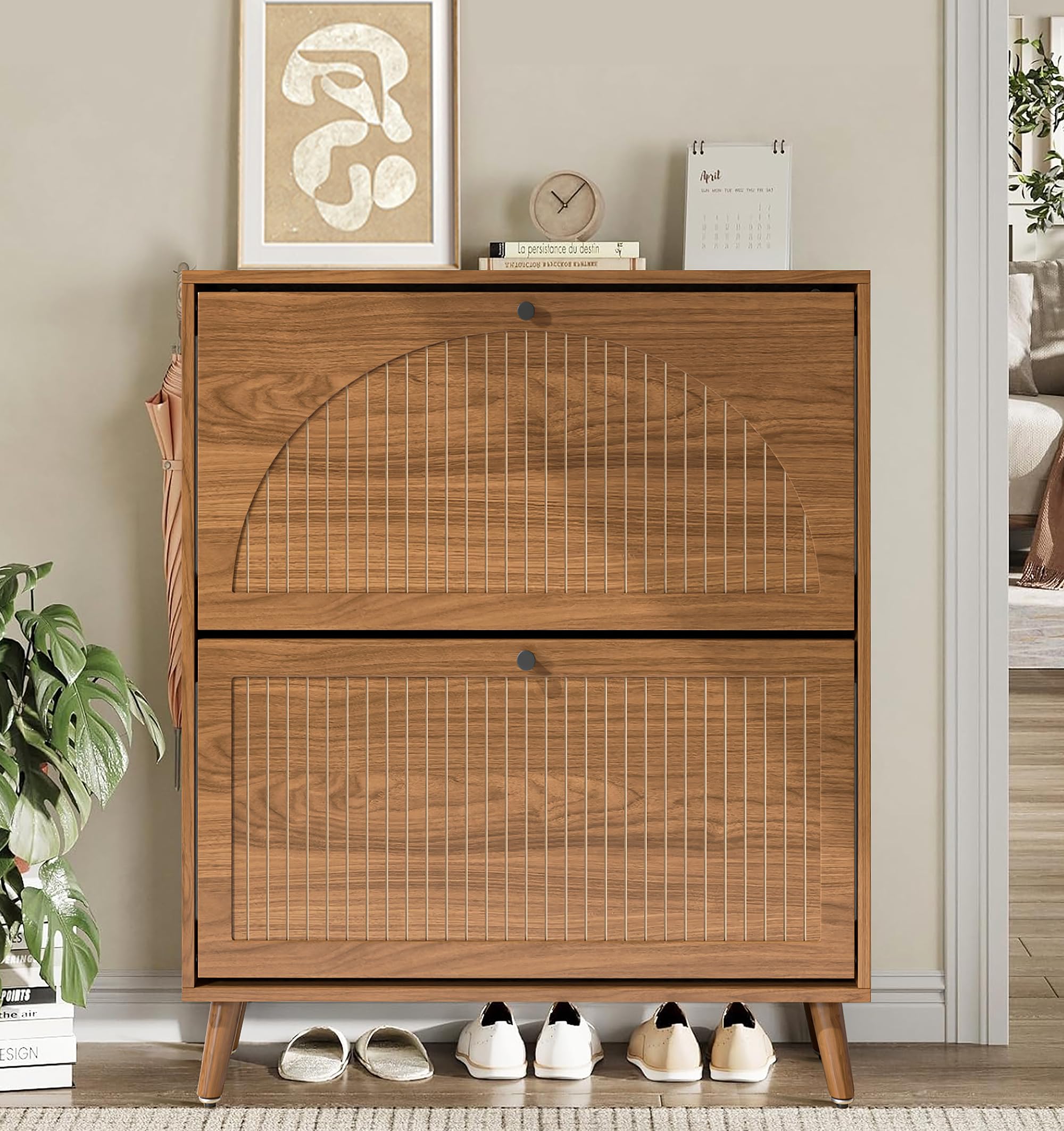 Walnut Shoe Storage Cabinet for Entryway with 2 Drawers
