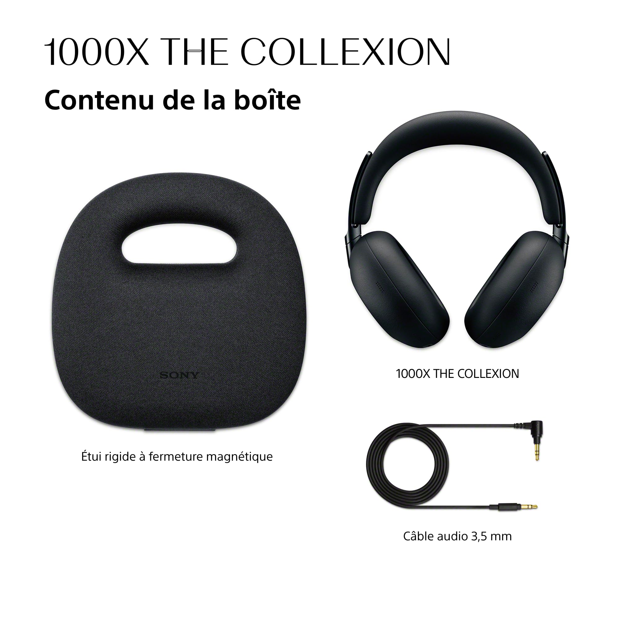 Casque Bluetooth sans fil de luxe SONY 1000X THE COLLEXION, son haute résolution de qualité studio, réduction de bruit haut de gamme, audio spatial 360°, étui résistant, compatible iOS et Android–Noir