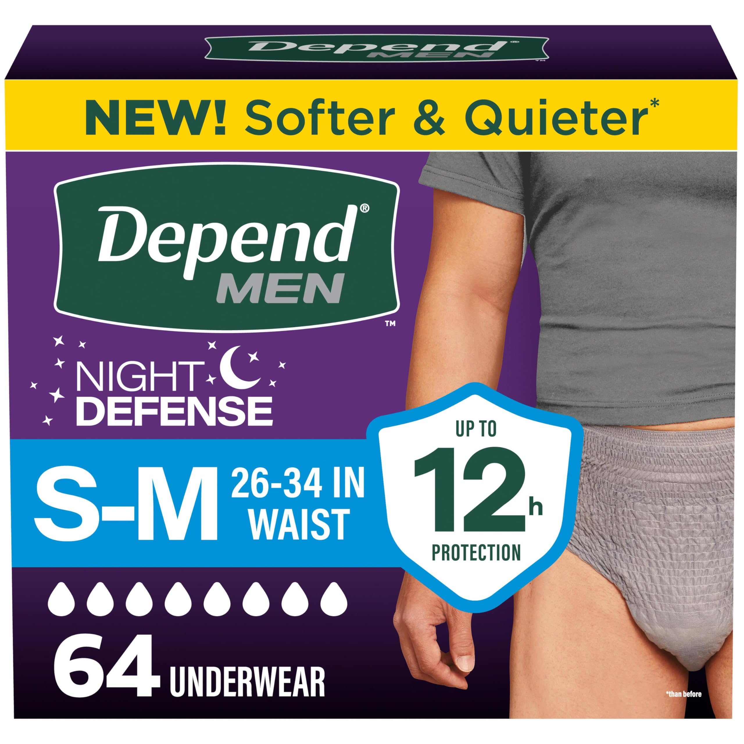 Depend Night Defense Adult Diapers for Men, S/M, 64 Count