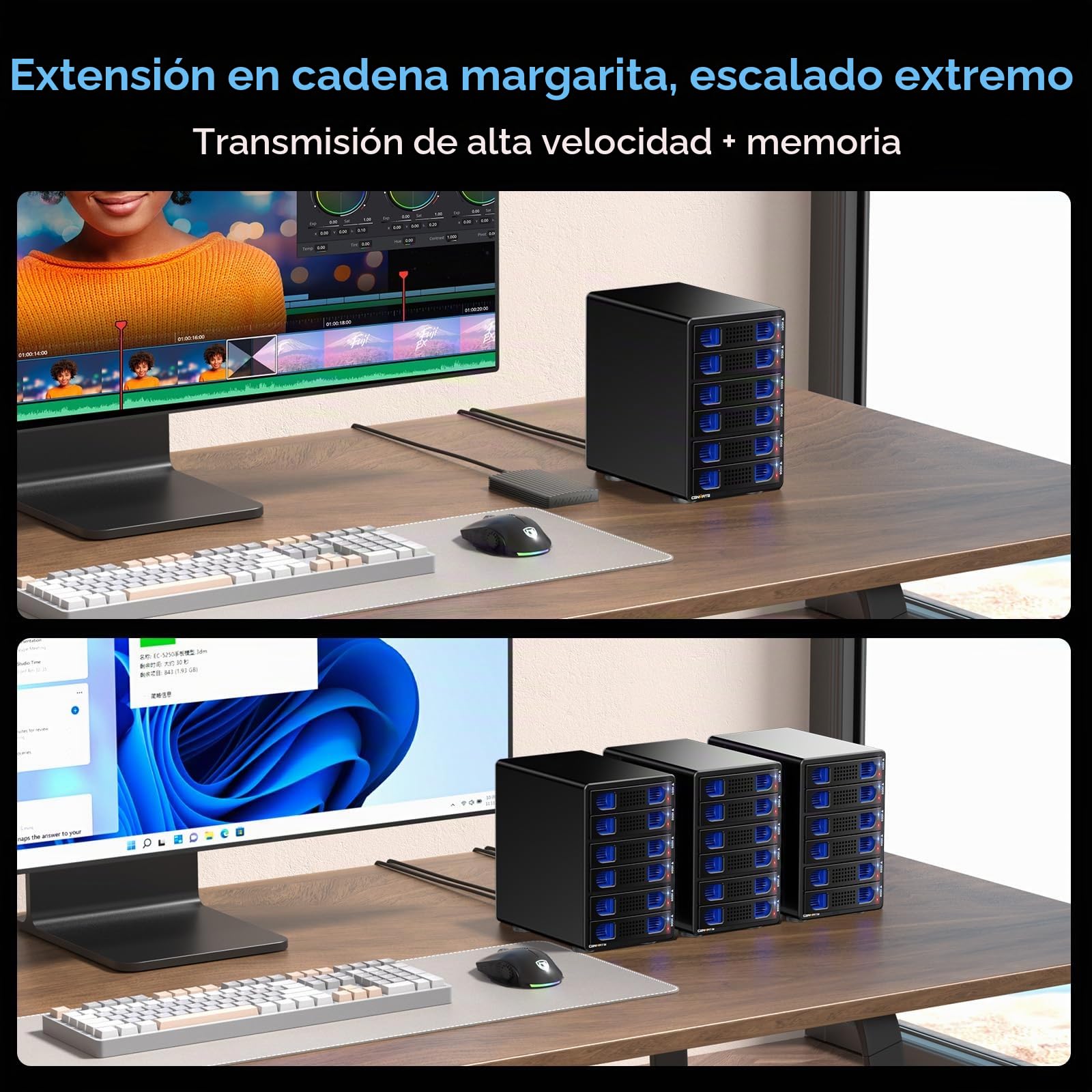 CENMATE Caja de disco duro de aluminio de 6 bahías de 10 Gbps con ventilador de refrigeración para disco duro SATA HDD/SSD de 2.5 pulgadas/3.5 pulgadas con USB A/C 3.2 Gen 2, compatible con