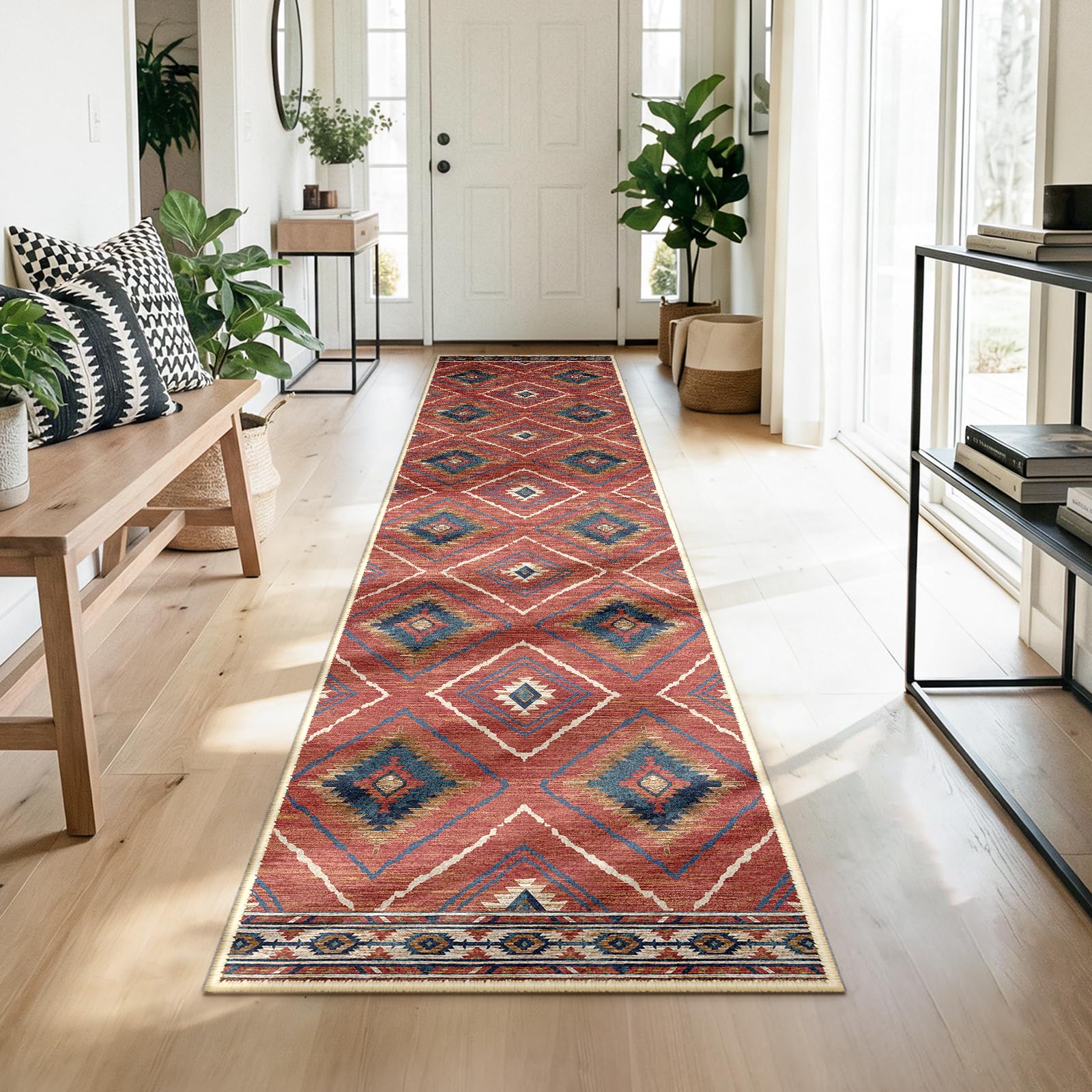 DEFYNEE Läufer Teppich, rutschfest, Kurzflor, Waschbar, Faltbar, Boho Design für Flur, Küche, Wohnzimmer & Büro