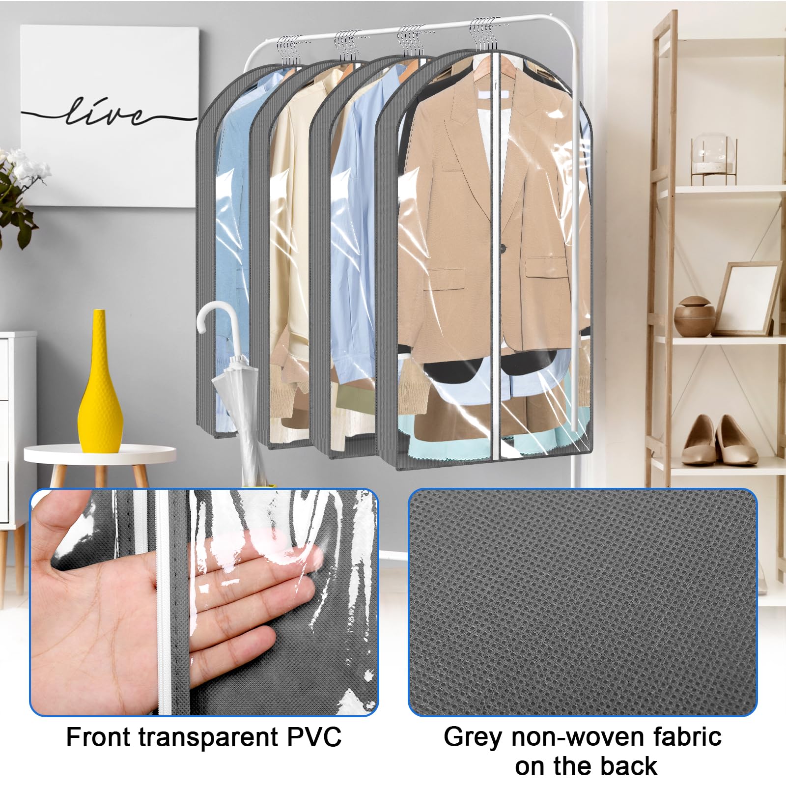 Hejo 2 stuks kledingzakken, 60 × 100 cm kledinghoezen beschermende tassen met ritssluiting, waterdichte pakhoezen voor heren en vrouwen, wasbare paktassen en kledinghoezen voor jas, jurk (grijs