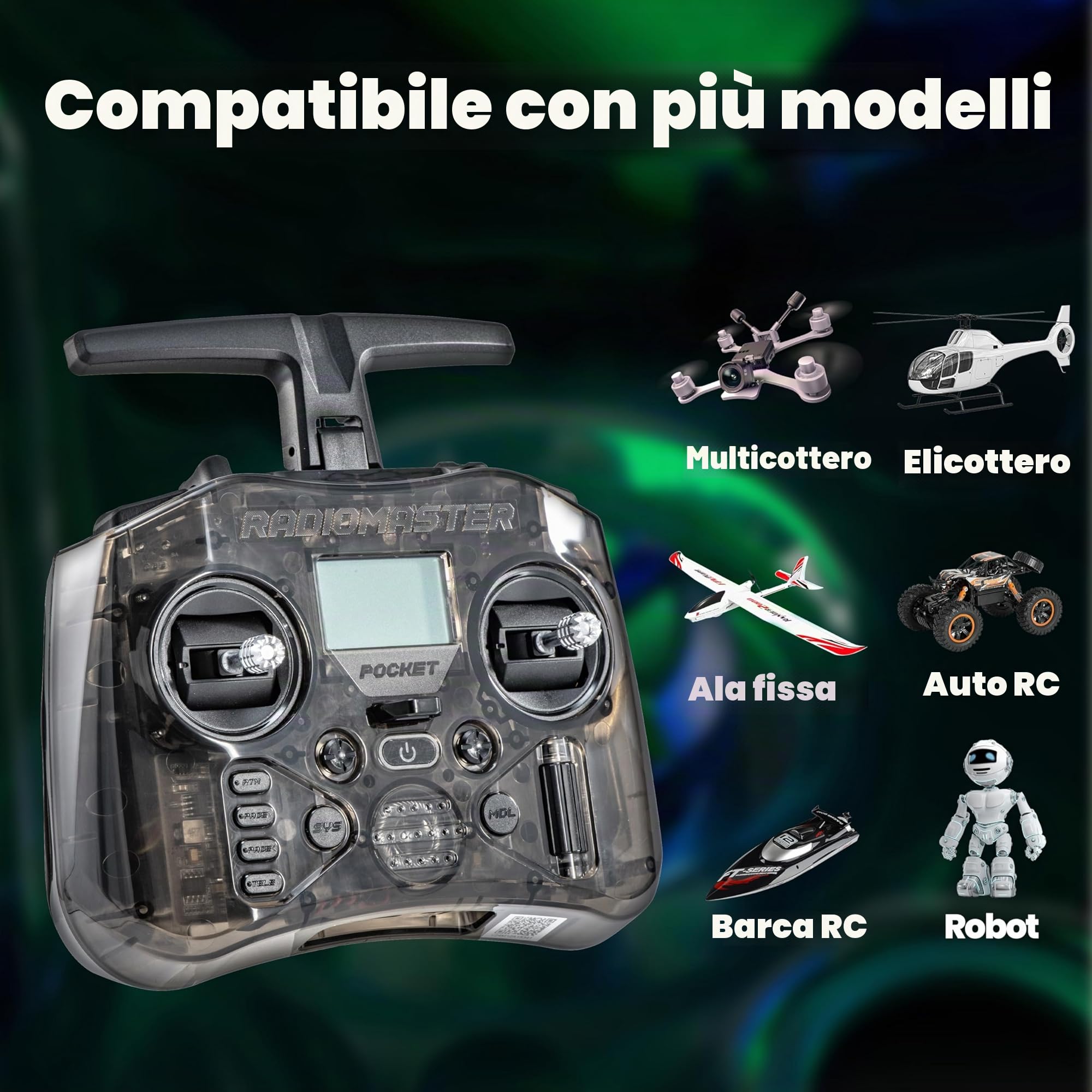 Telecomando Radiomaster Pocket ELRS - Trasmettitore EdgeTX Portatile con Joystick ad Effetto Hall e Luce LED, Compatibile con droni FPV/elicotteri RC, auto RC, barche RC e multirotori