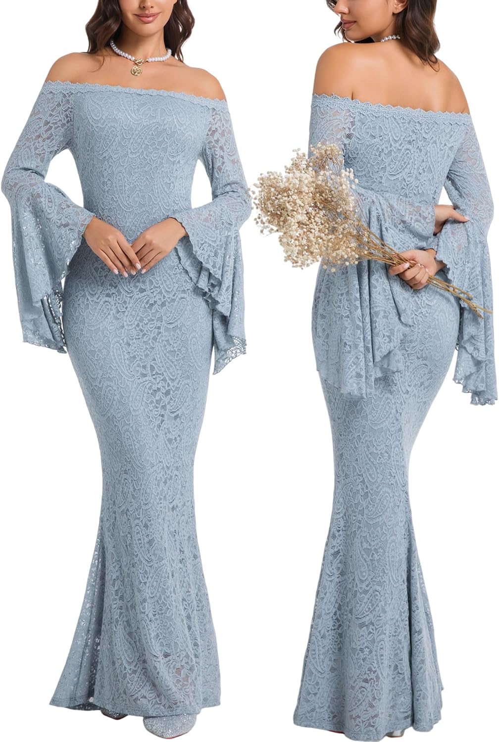 Cercis Womens Off The Shoulder Floral Lace Maxi Wedding Dress Boho Flowy Wedding Guest Formal Long Dresses