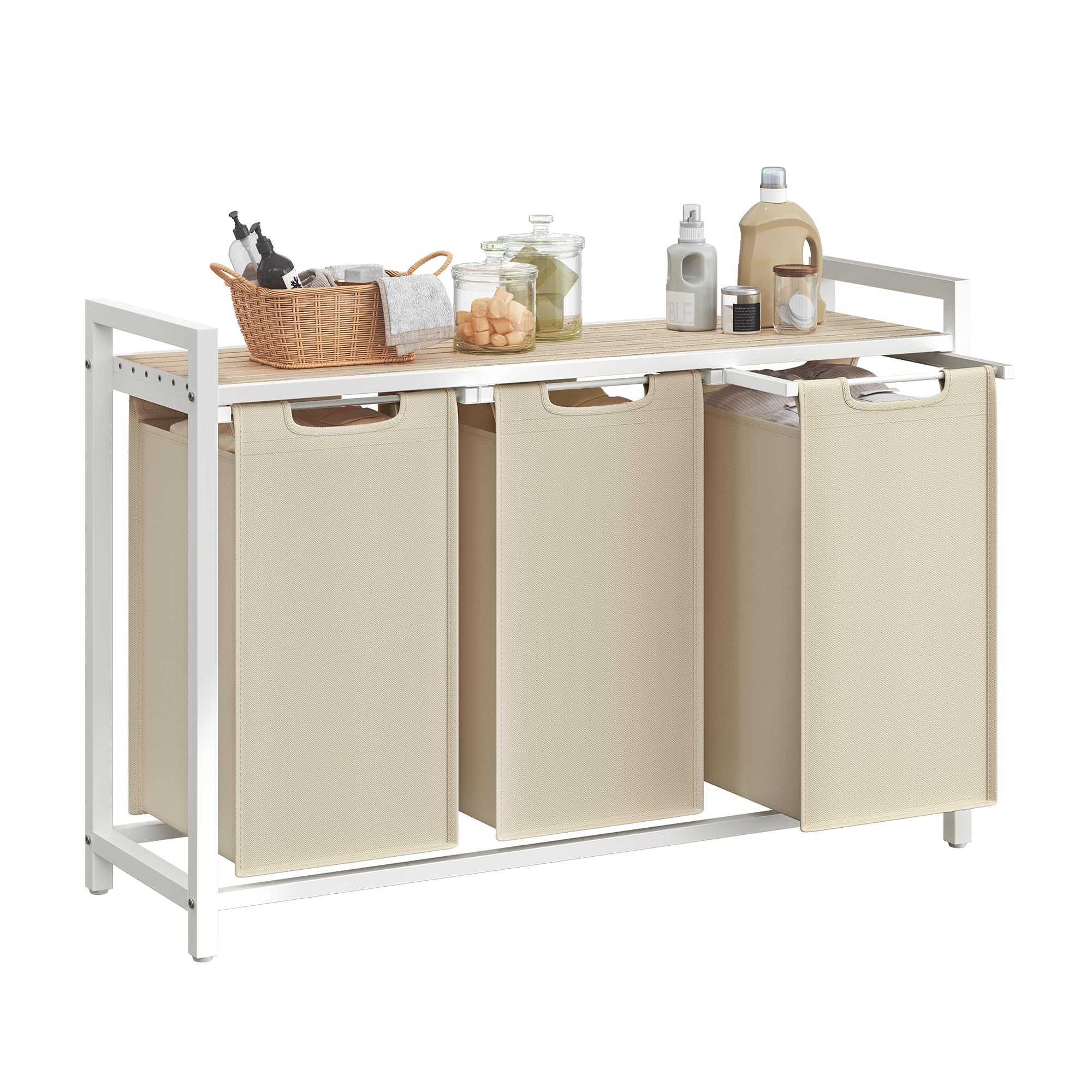 VASAGLE Wäschekorb 3 Fächer, Wäschesammler mit Ablage, Wäschebox, Wäschesack aus Oxford-Gewebe abnehmbar, Metallrahmen, 3 x 40 L, 92,5 x 33 x 72 cm, cappuccinobeige-naturbeige BLH301LH01