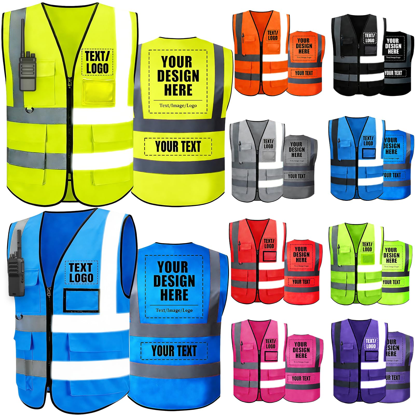 Chaleco de seguridad reflectante personalizado clase 2 de alta visibilidad con bolsillos y cierre, chaleco de seguridad unisex de poliéster para el trabajo y al aire última intervensión