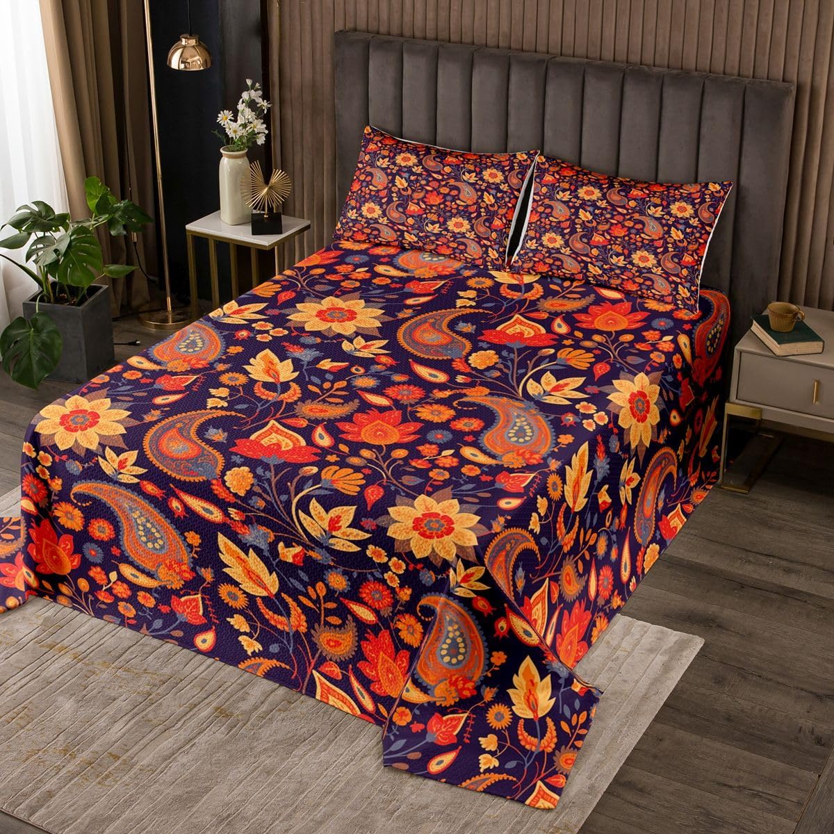 jejeloiu Paisley Bedspread 3 Pieces Queen Size Boho Paisley Coverlet Set Soft Cozy Floral Lightweight Quilted Coverlet for All Season with 2 Pillowcases Medallion