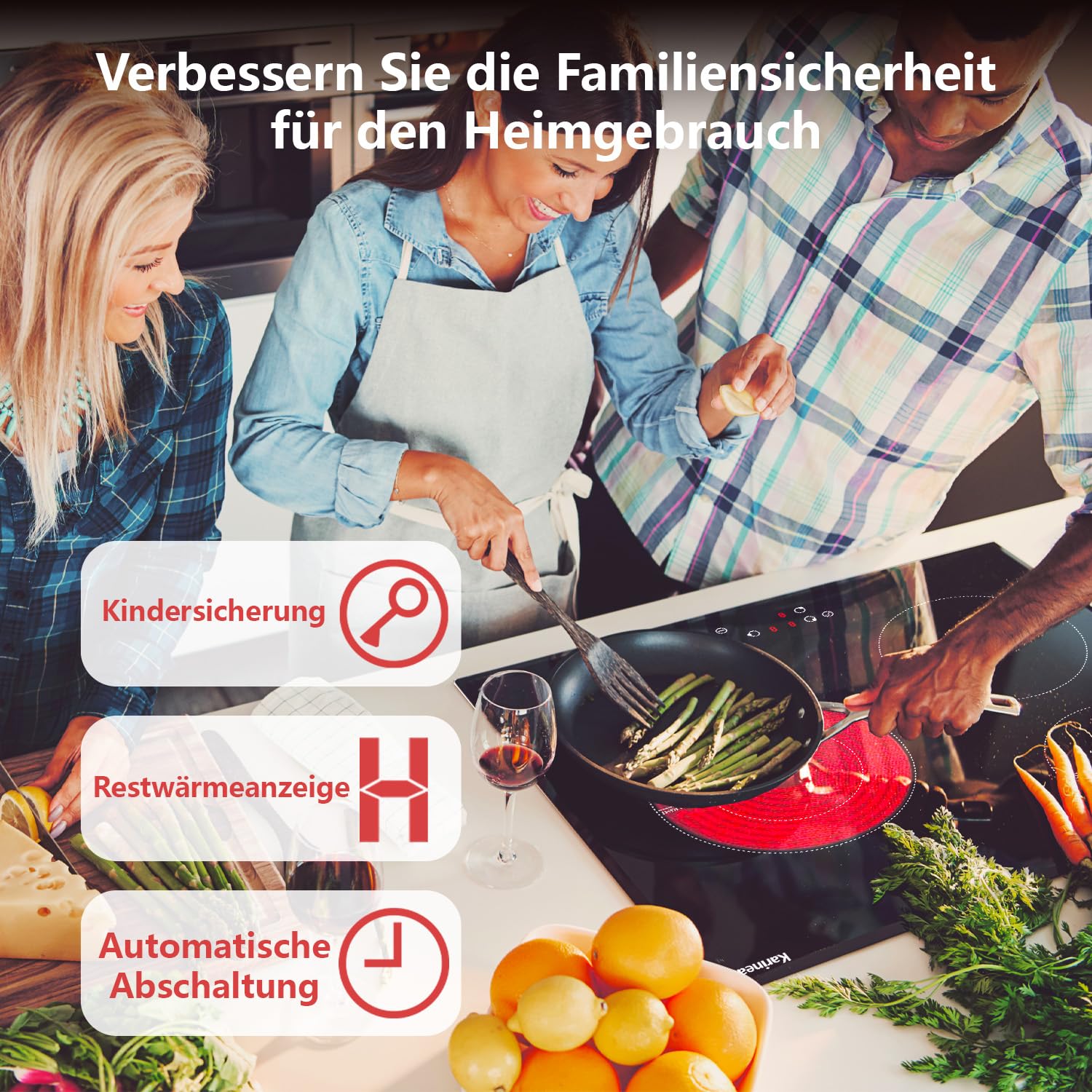Karinear Glaskeramikkochfeld 3 Platten, 5200W, Autarkes Kochfeld 60 cm, Herdplatte 3 Kochfelder, Sicherheitsschloss, Timer, Touch-Bedienung, 9 Heizstufen, Flexibler Außenbereich, 240V