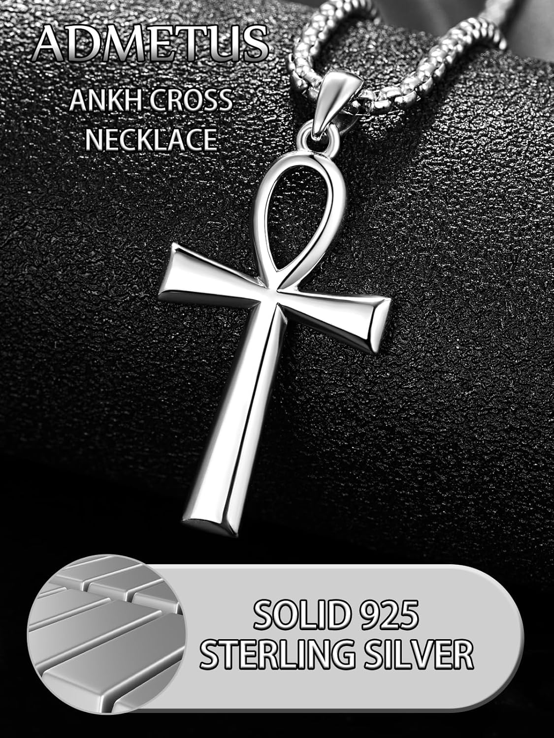 ADMETUS 925 Sterling Silver Coptic Ankh Cross Necklace, Protection Egyptian Jewelry Religious Gifts for Men with 2.5mm 22"+2" Chain - Image 4