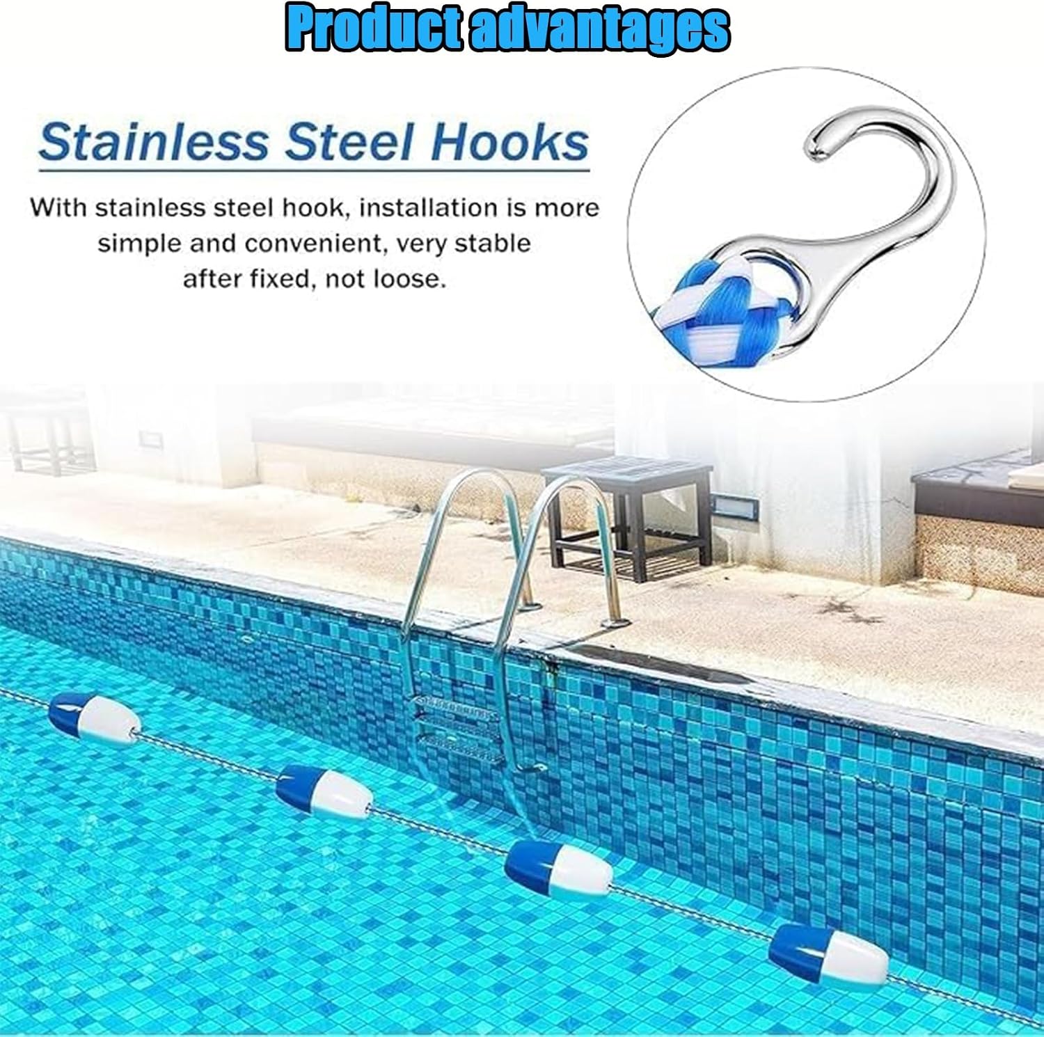 Floating Pool Divider Safety Rope – 5ft 10ft 15ft 20ft 24ft 25ft 30ft Adjustable Pool Line with Buoys, Pre-Assembled Lane Marker with Hooks, Easy Install Shallow Deep End Barrier for Pools 10ft