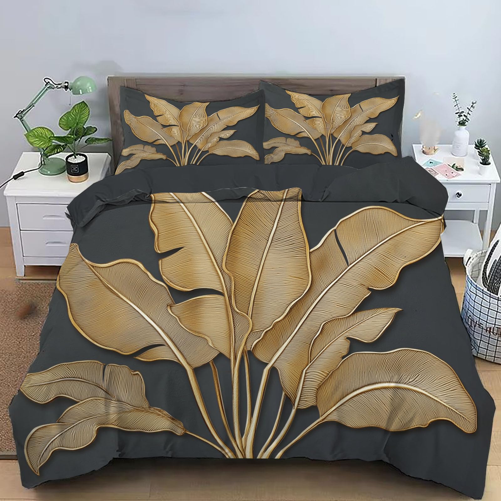 Juego de Funda Nórdica 150x220cm 3 Piezas para Cama, Dorado Hoja De Plátano Microfibra de Poliéster Suave Transpirable Moderno Lujoso, Incluido 1 Funda Edredón y 2 Fundas de Almohada, Gris Oscuro