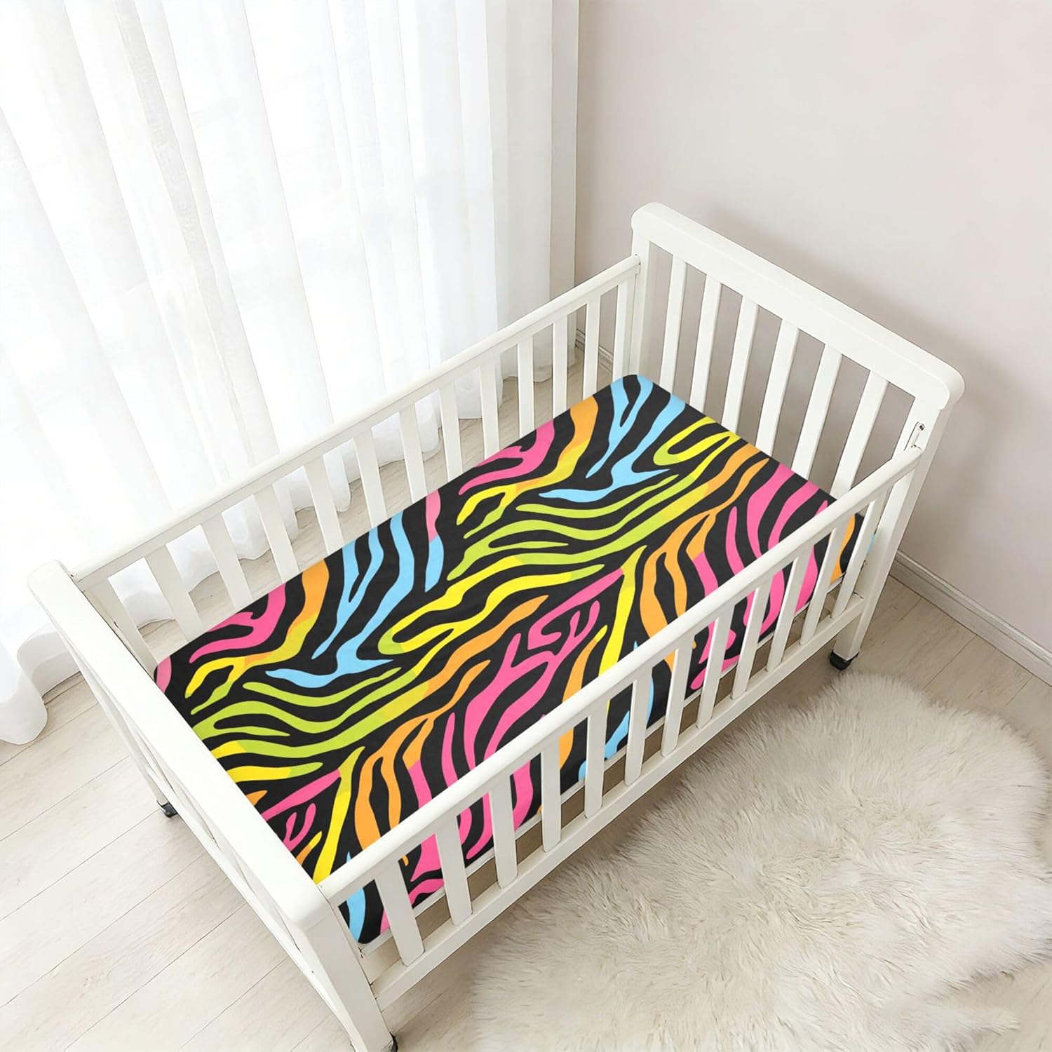 Colorful Zebra Print Black Crib Sheets Soft Breathable Fitted Cotton Baby Crib Sheets Mattress Cover for Girl Boy, 52" x 28" x 9"