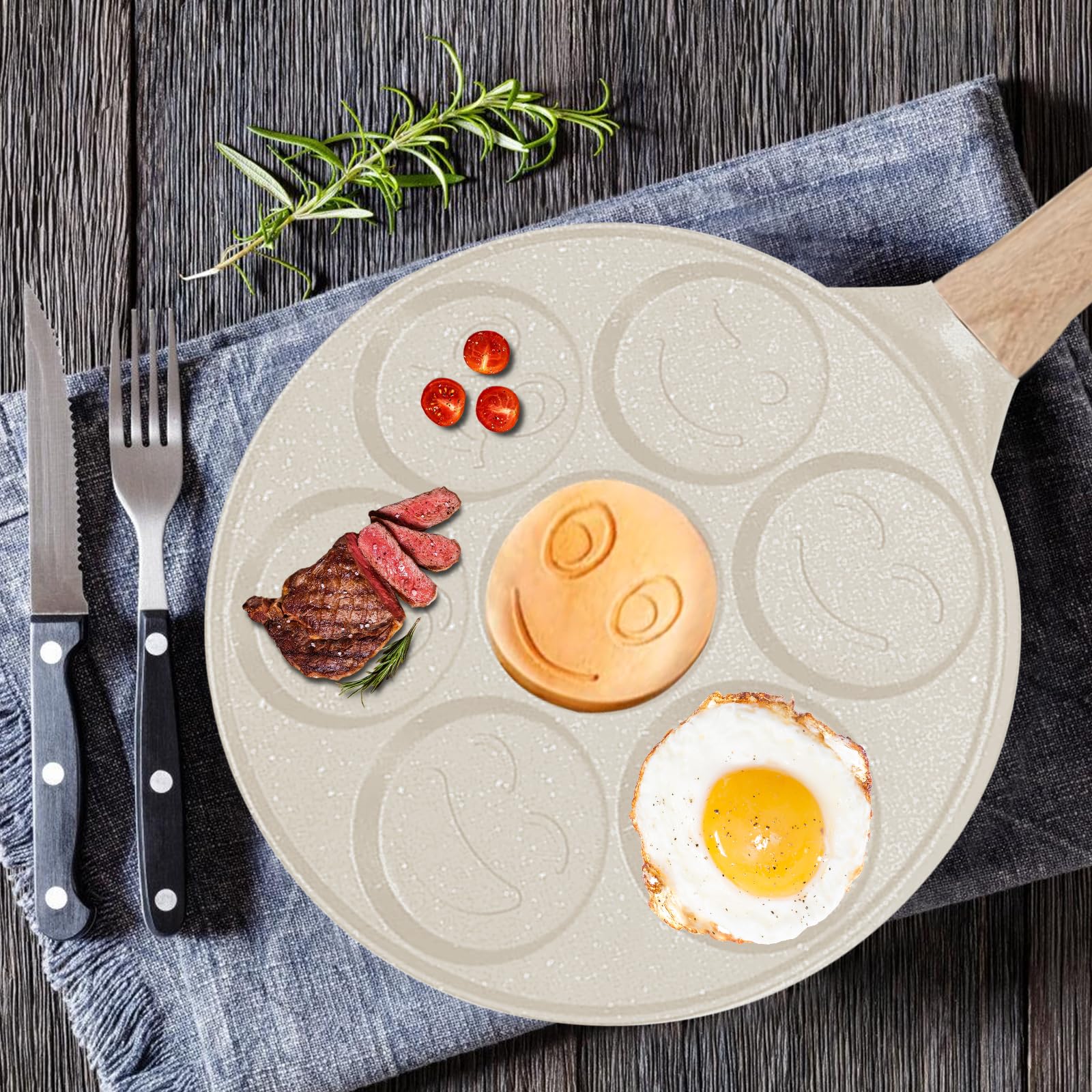 Padella antiaderente per pancake, 26 cm, con sette fori, per crepes Crepes Maker con facce sorridenti, padella per pancake per gas, ecc, padella per uova fritte per omelette, frittelle, hamburger