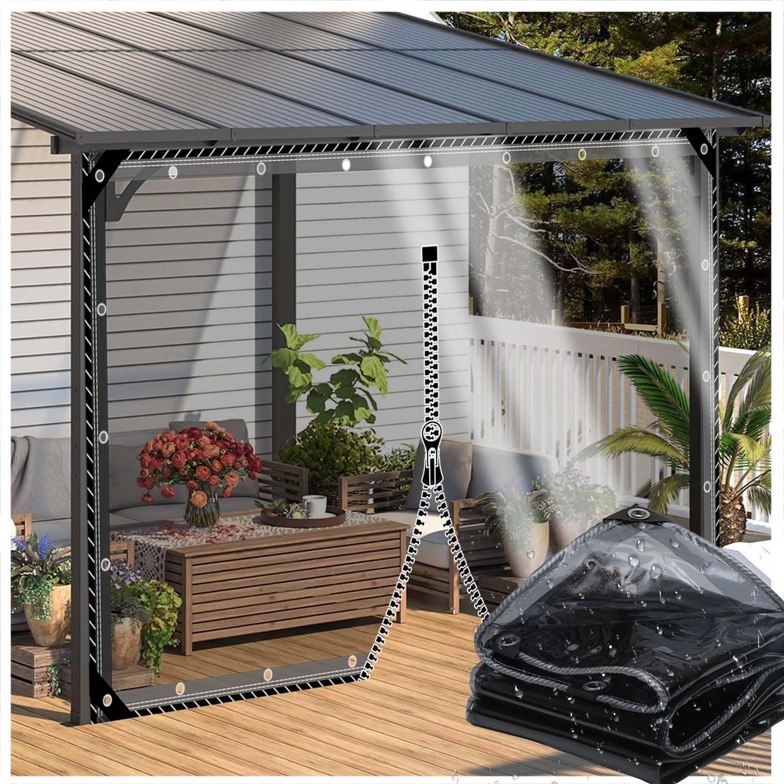 ZHJSHOU Custom Size Clear PVC Tarpaulin 2mx2m, Black Transparent Heavy Duty Waterproof Tarp 420gms with 1 Zip for Pergola Cover,Balcony Rain Protection,Garden, Outdoor Bar