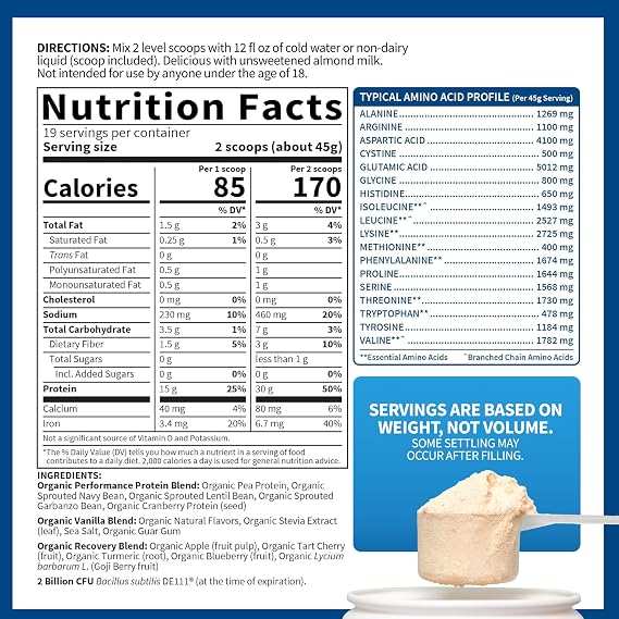Garden of Life Sport Organic Vegan Protein Powder, Vanilla Flavor, 30g Plant-Based Protein with Probiotics for Digestive Health, Immune Support and Muscle Recovery, 19 Servings