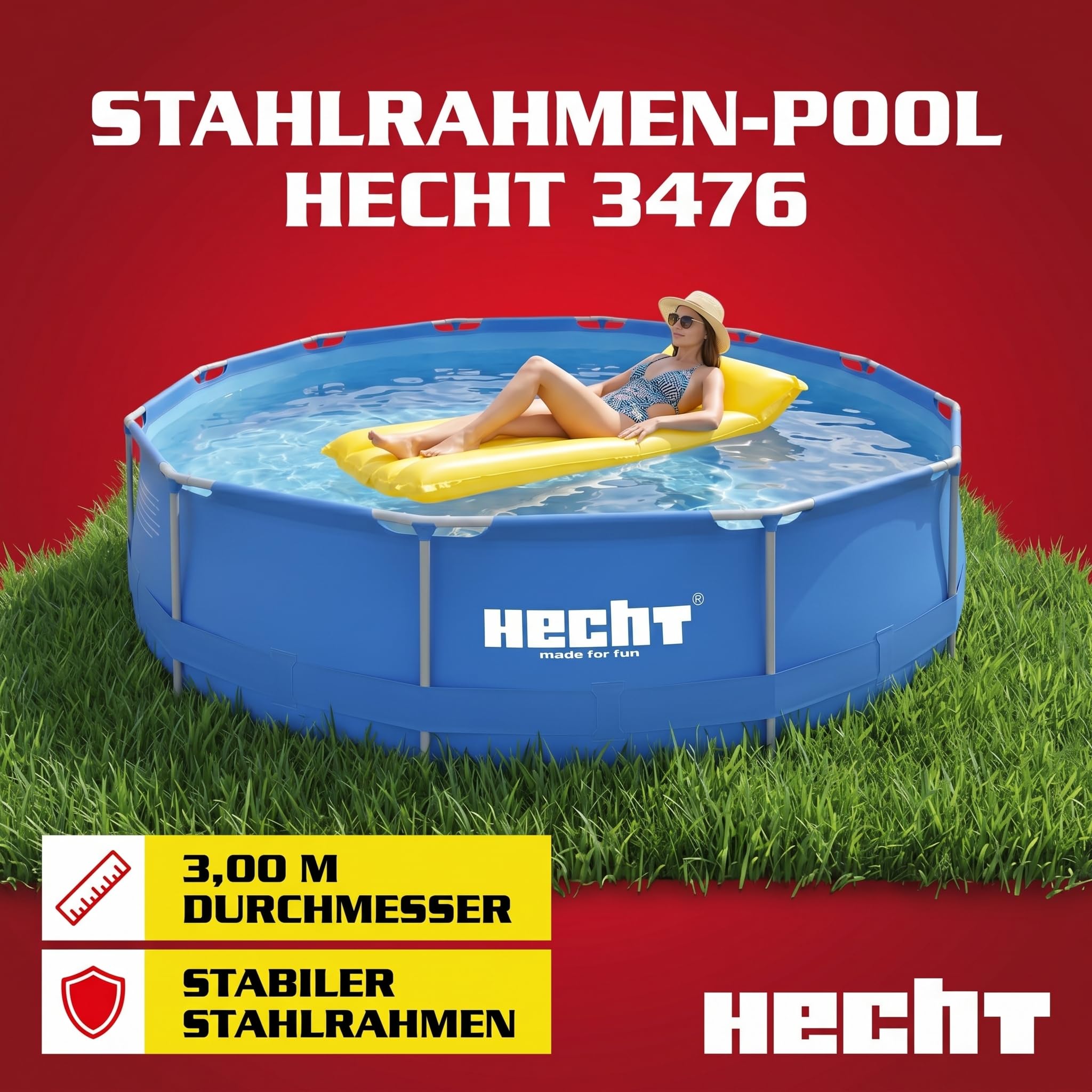 Hecht Stahlrahmen Pool Swimmingpool 360 x 76 cm 300 x 76 cm Familienpool rund Metallrahmen XXL Outdoor Pool 4.383 Liter