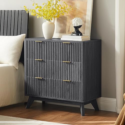 Miniatura 11 de T4TREAM Juego de 2 mesitas de noche acanaladas de 3 cajones, mesa auxiliar moderna extragrande extragrande con parte superior de mármol sintético,