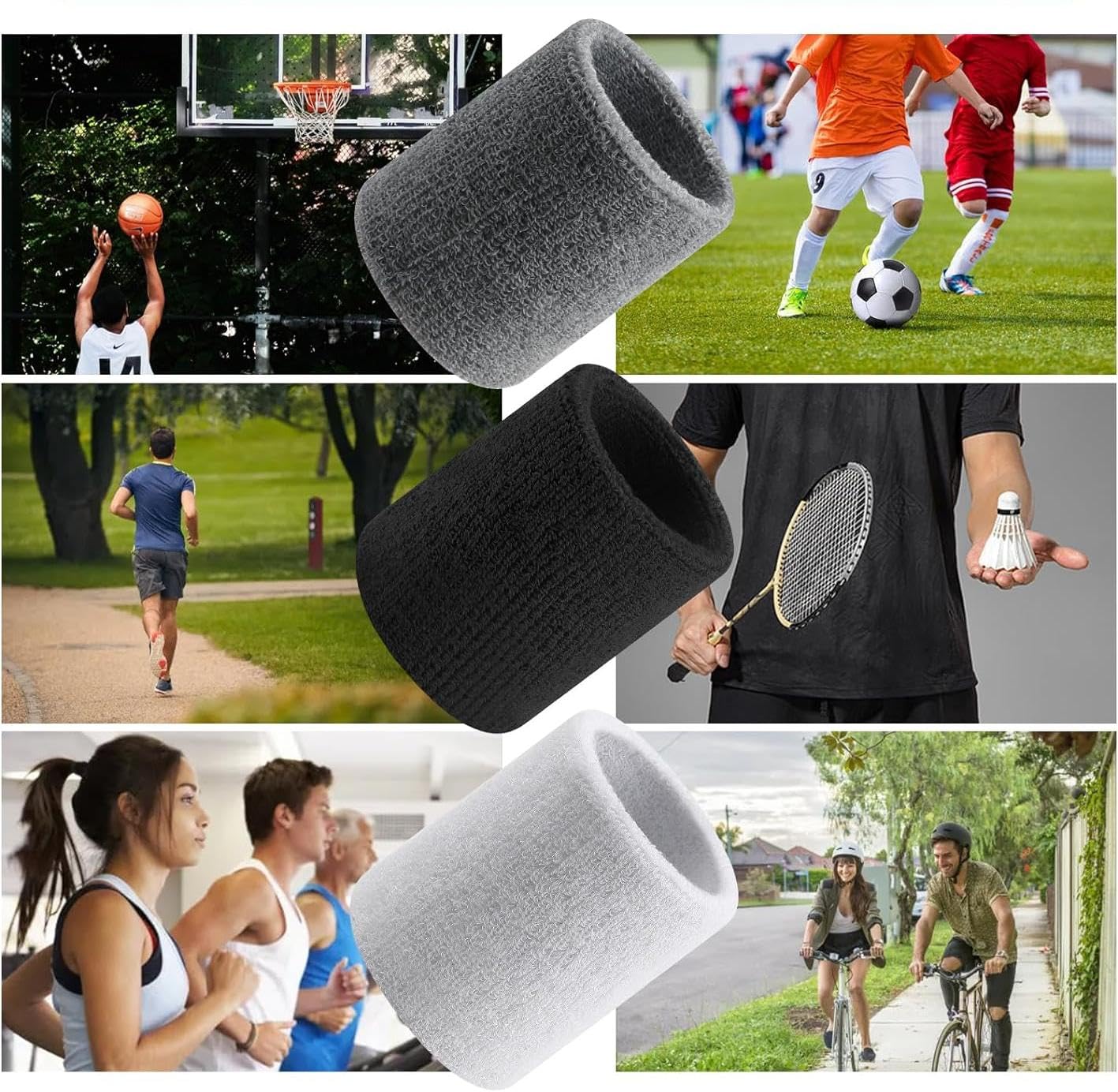 Lot De 6 Bandeaux Poignets SULOLI – Coton Respirant, Noir/blanc/gris, Pour Tennis, Basket, Running