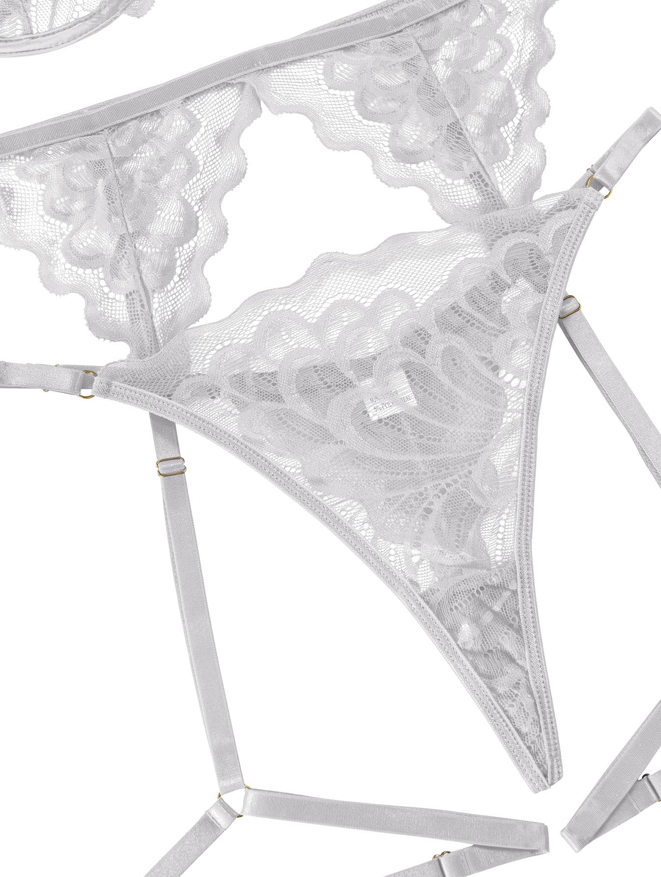 Lilosy Sexy Choker Floral Lace Scallop Sheer Underwire Push Up Garter Belt Lingerie Set 3 Piece: Medium White