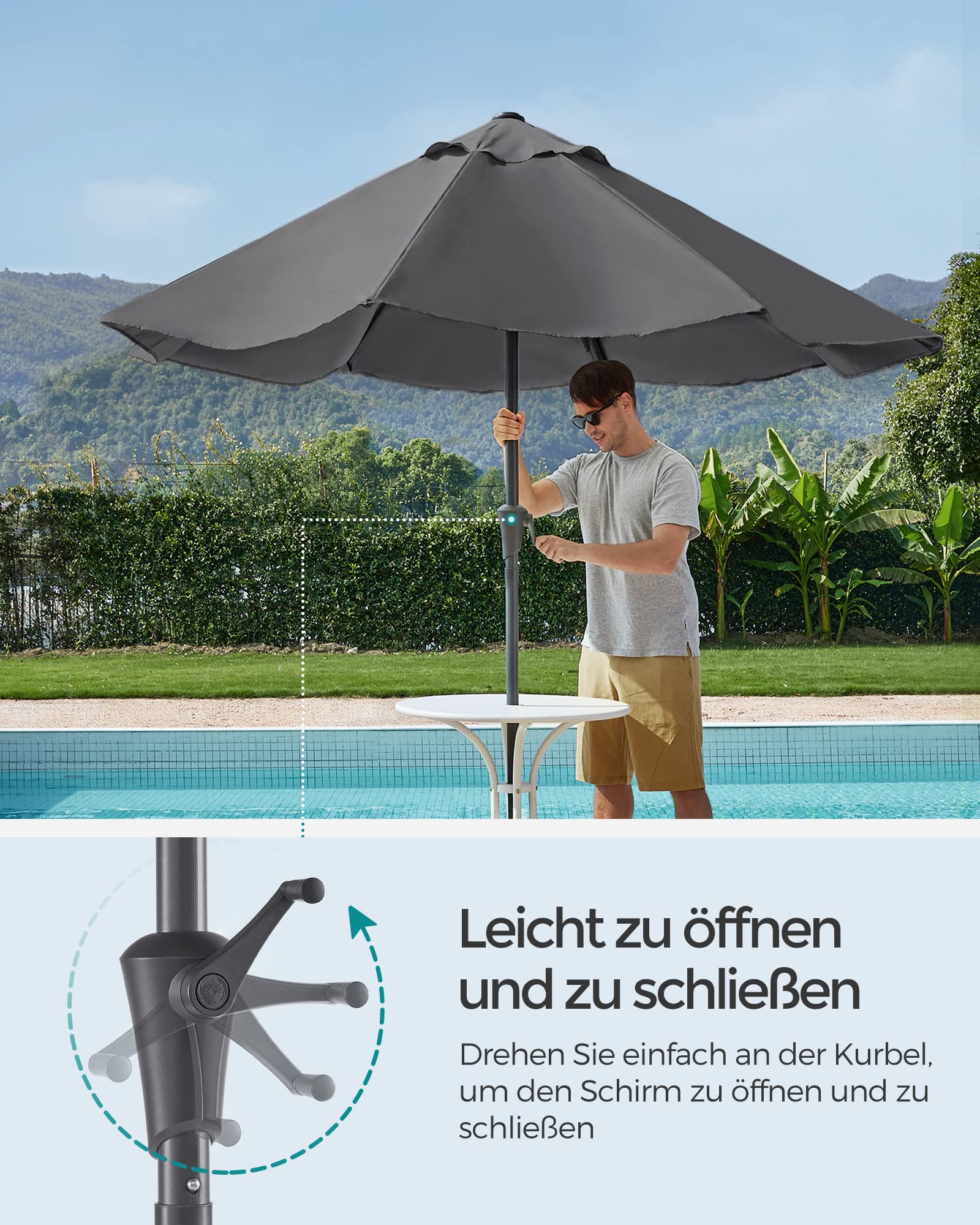 SONGMICS Gartenschirm Ø 300 cm, Marktschirm, UV-Schutz bis UPF 50+, Terrassenschirm klappbar mit Kurbel, ohne Ständer, Garten, Balkon, Terrasse, grau GPU30GYV1