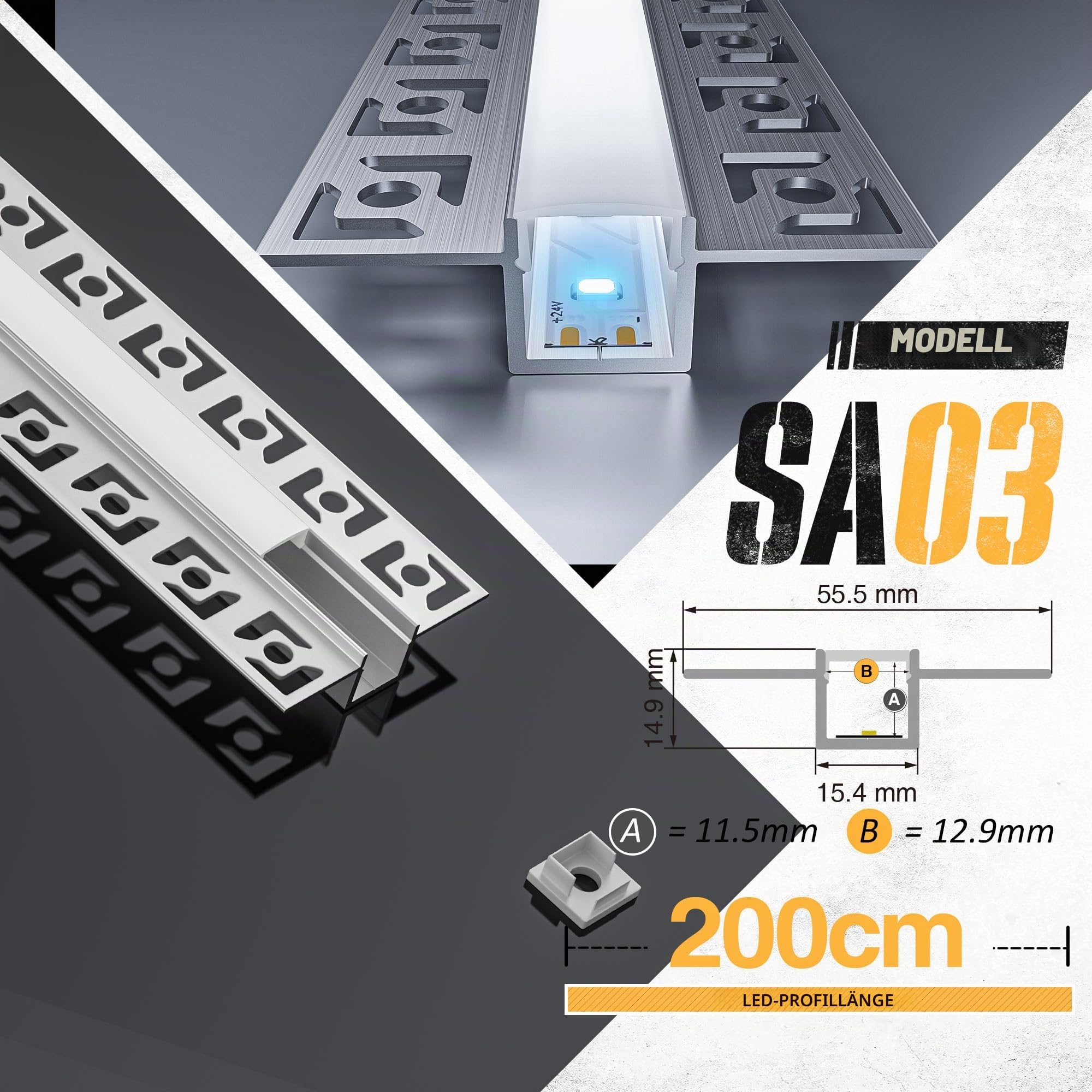 LED Trockenbauprofil 2m und Led Profil Unterputz, led Aluprofil aus Eloxiertem Aluminium,led Strip Kanal für Streifen bis 12mm, Diffusor für Gleichmäßige Lichtverteilung (SA03, 2M 10Stück)