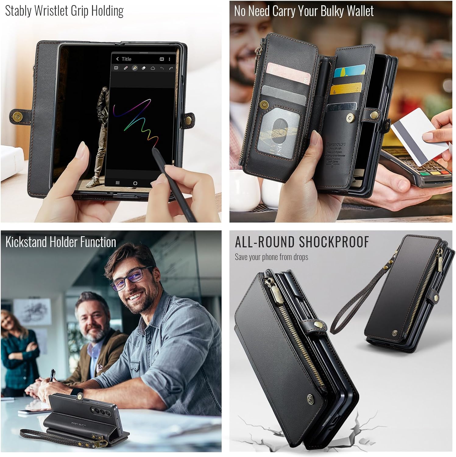 Defencase Wallet Case Compatible with Samsung Galaxy Z Fold 3 with RFID Blocking Card Holder & S Pen Holder Slot PU Leather Magnetic Snap Flip Zipper Strap Phone Case Fit for Galaxy Z Fold 3, Black