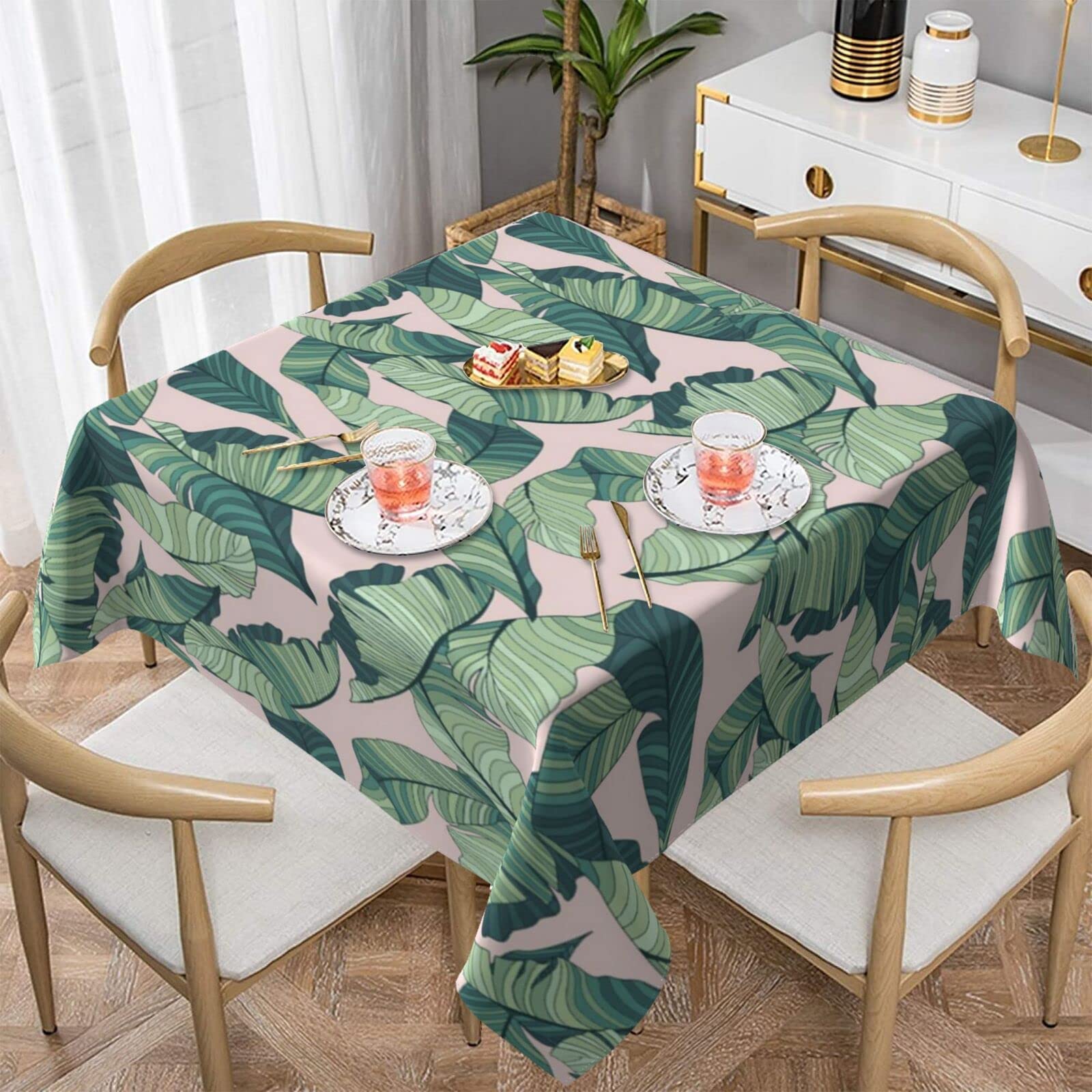 Nappe carrée palmier vert et rose pour illuminer vos déjeuners en cuisine et grand dîner