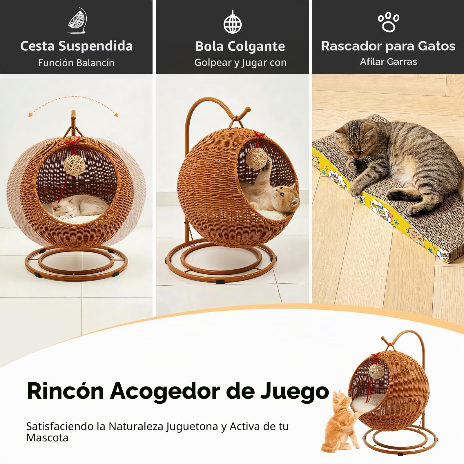 Columpio para gatos, de ratán, para menores de 7,5 kg, incluye cojín suave, flojín frío y tabla para rascar gatos, columpio colgante para gatos, silla Papasan para gatos