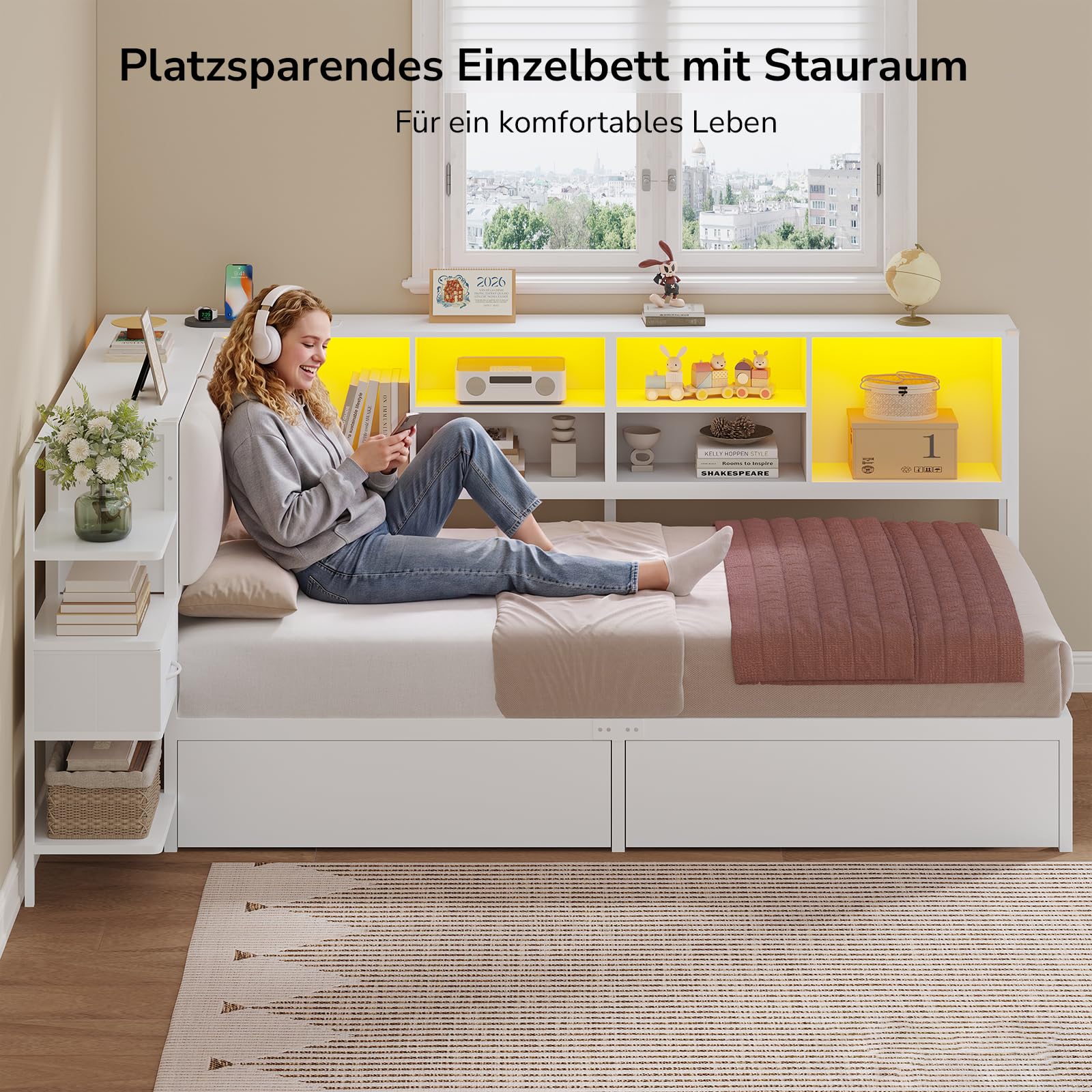 Cama juvenil de 90x200 in, color blanco con LED, espacio de
