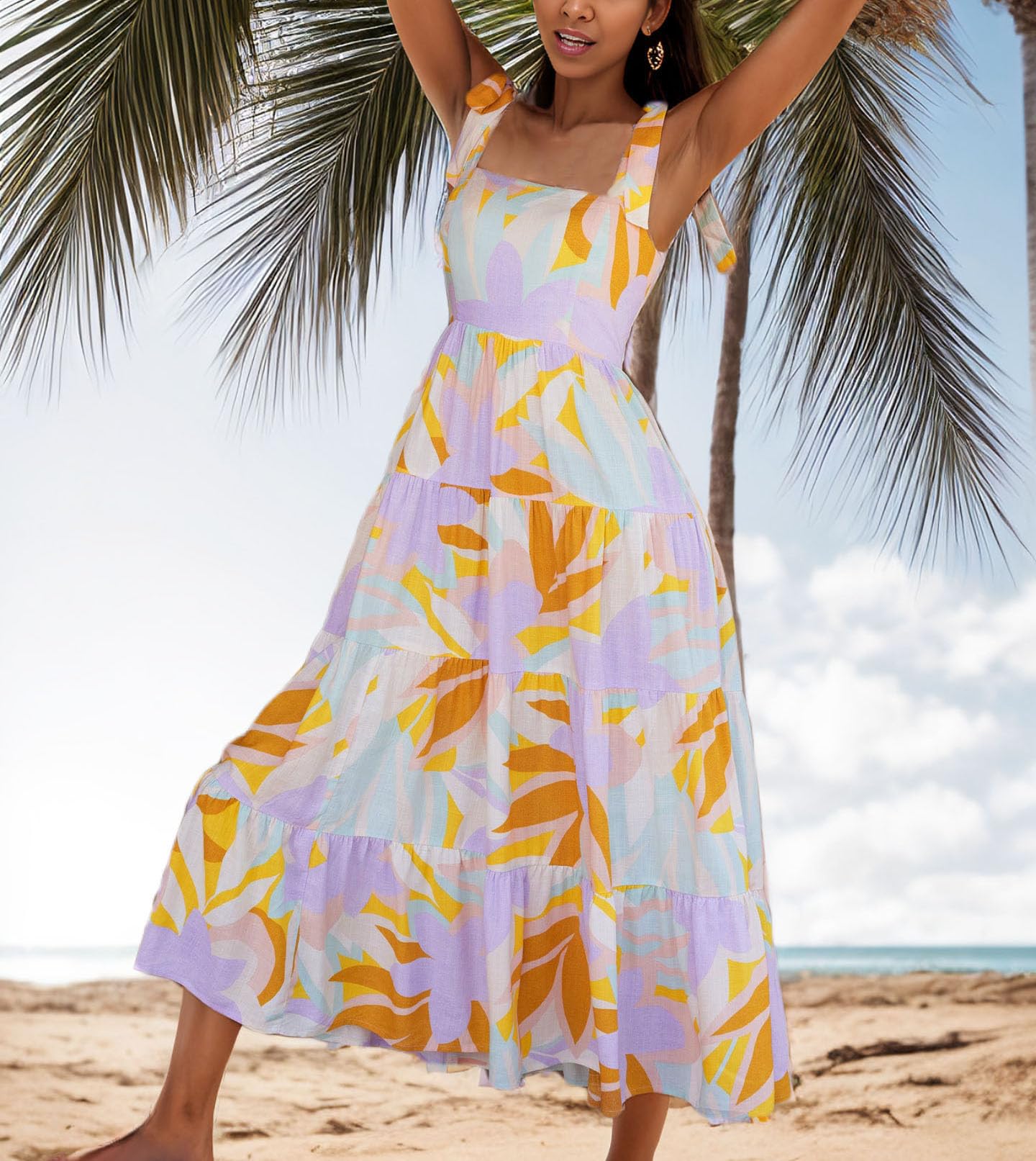 Kinstell Womens Summer Boho Spaghetti Strap Square Neck Ruffle Casual Flowy  Long Dress Beach Swing Party Maxi Dress