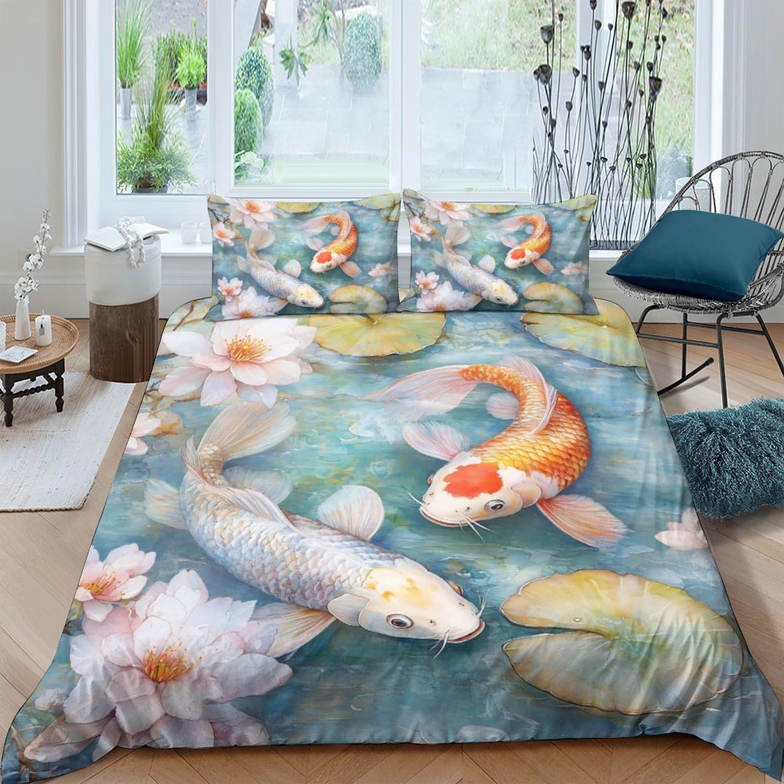 Ctjqhvkz Style-1 3D Printed Koi Pond Fitted Sheet Microfiber Soft Breathable Water Lily Bed Cover For Bedroom Guest Room Decor Single（135X200cm）