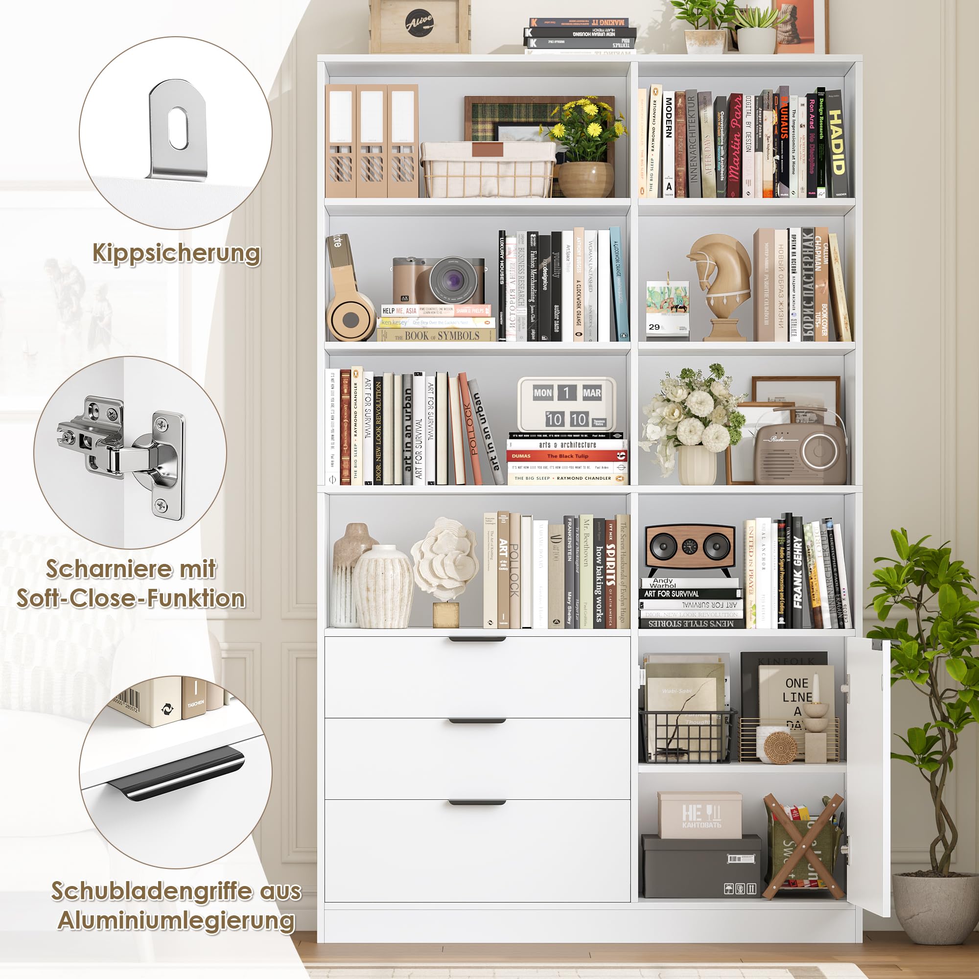 HOCSOK Bücherregal, 180,5 cm Hoch Bücherregal Weiß mit 3 Schubladen, Regal mit Türen, Bücherschrank Wohnzimmerschrank für Arbeitszimmer, Büro, Schlafzimmer, 28,5 x 103 x 180,5 cm