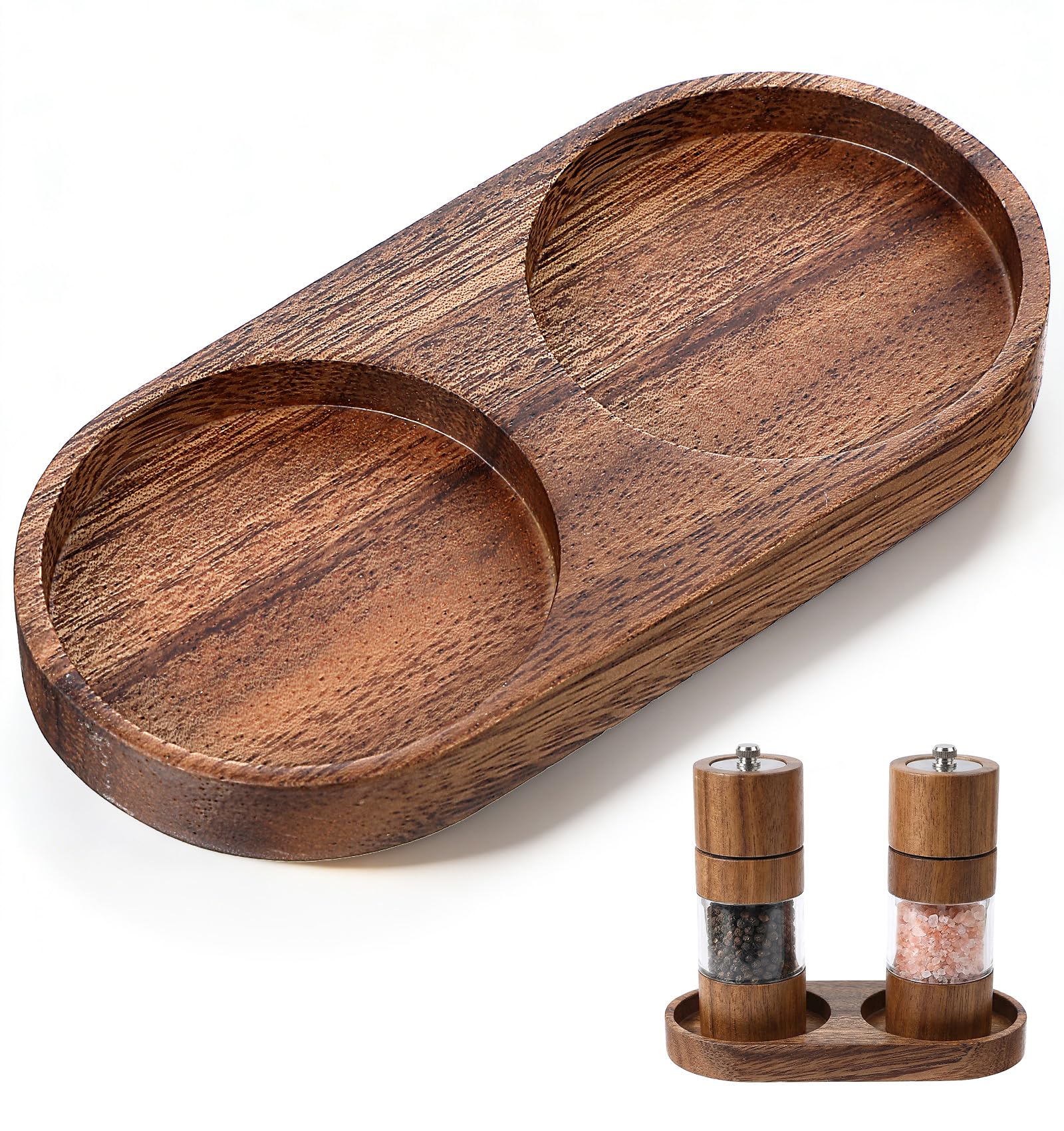Salt And Pepper Tray, Wood Salt And Pepper Mill Tray Holder Fits Many Mills & Shakers (14.5 x 7 cm)