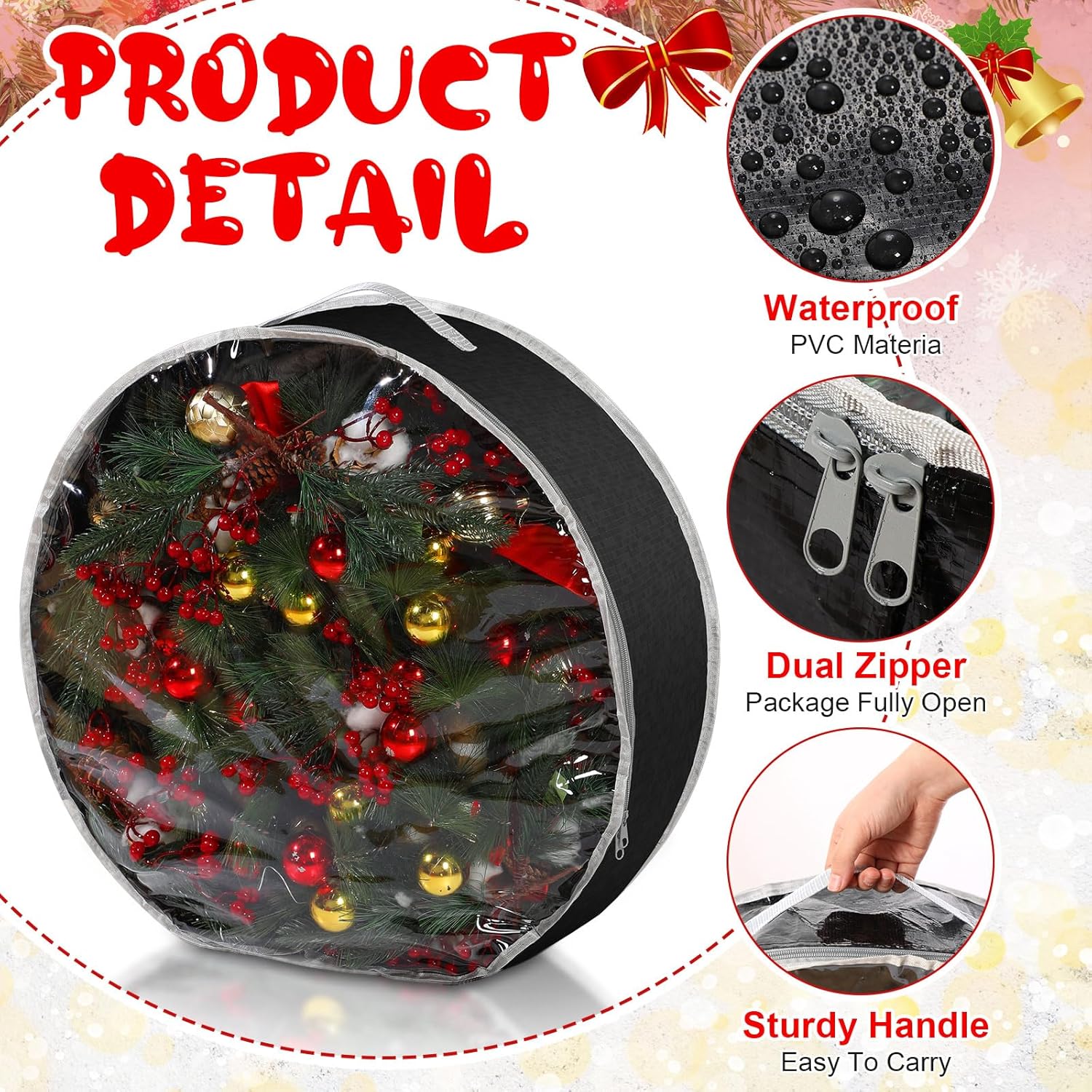 Aliceset 4 Pack Wreath Storage Containers, Ornament Garland Wreath Storage Bags with Handle Zipper Decorative Storages Box for Winter Valentine Wreaths(24 x 24 x 7.8 Inch,Black)