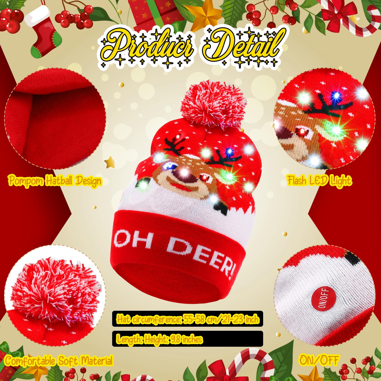 Vicenpal Weihnachtsmütze für Erwachsene, LED, bunt, blinkend, Strickmütze, hässlicher Pullover, Weihnachtsmann, Urlaub, Partyzubehör