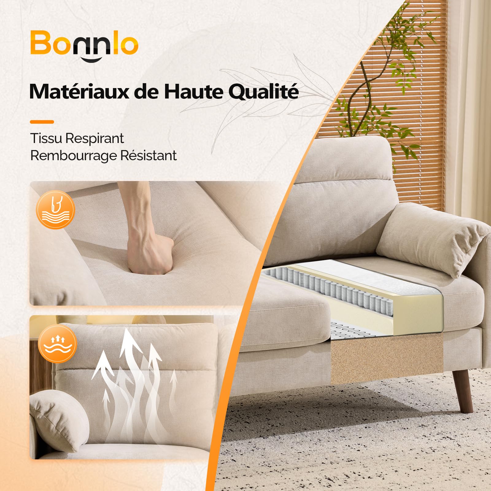 Bonnlo Divano con bracciolo per orecchie di elefante, poltrona a 2 posti, divano imbottito in lino, mobile con tasca laterale, per soggiorno, ufficio, camera da letto, 125 x 78 x 86 cm, beige