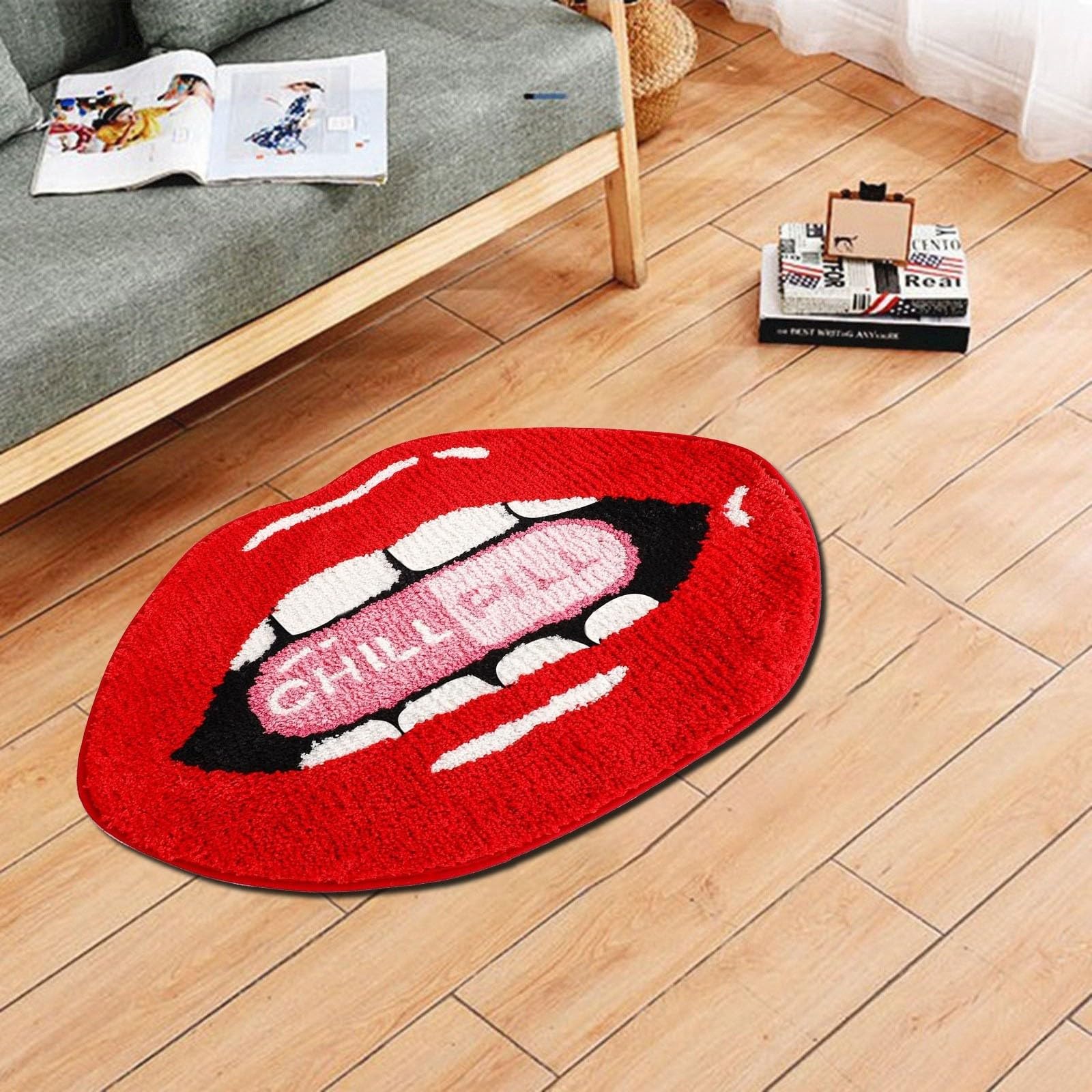 Red Lip Shaped Rugs Living Room,Washable Anti-Slip Funny Small Rug Doormat,Sexy Love Red Lips Carpet For Bedroom，Bathroom,Kitchen,Doorway,Valentine'S Day, Halloween (C)