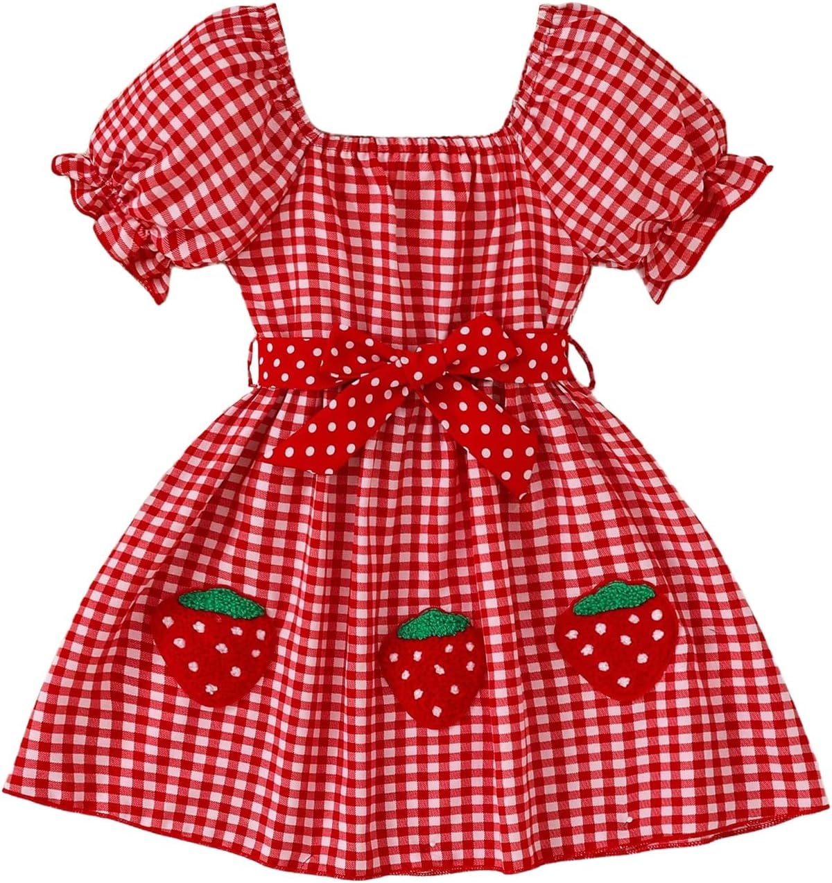 WDIRARA Toddler Girl's Gingham Strawberry Patched Midi Dresses Puff Sleeve Square Neck Belted A Line Dress