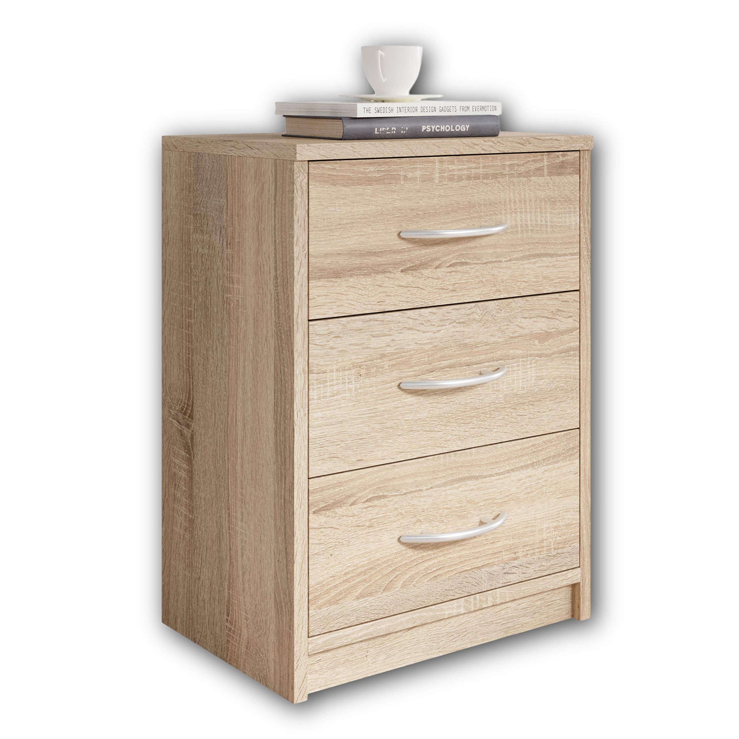 Stella Trading PEPE Mesilla de noche en acabado roble Sonoma, sencilla, con 3 cajones, adecuada para cualquier cama y dormitorio, 39 x 54 x 28 cm (ancho x alto x fondo)