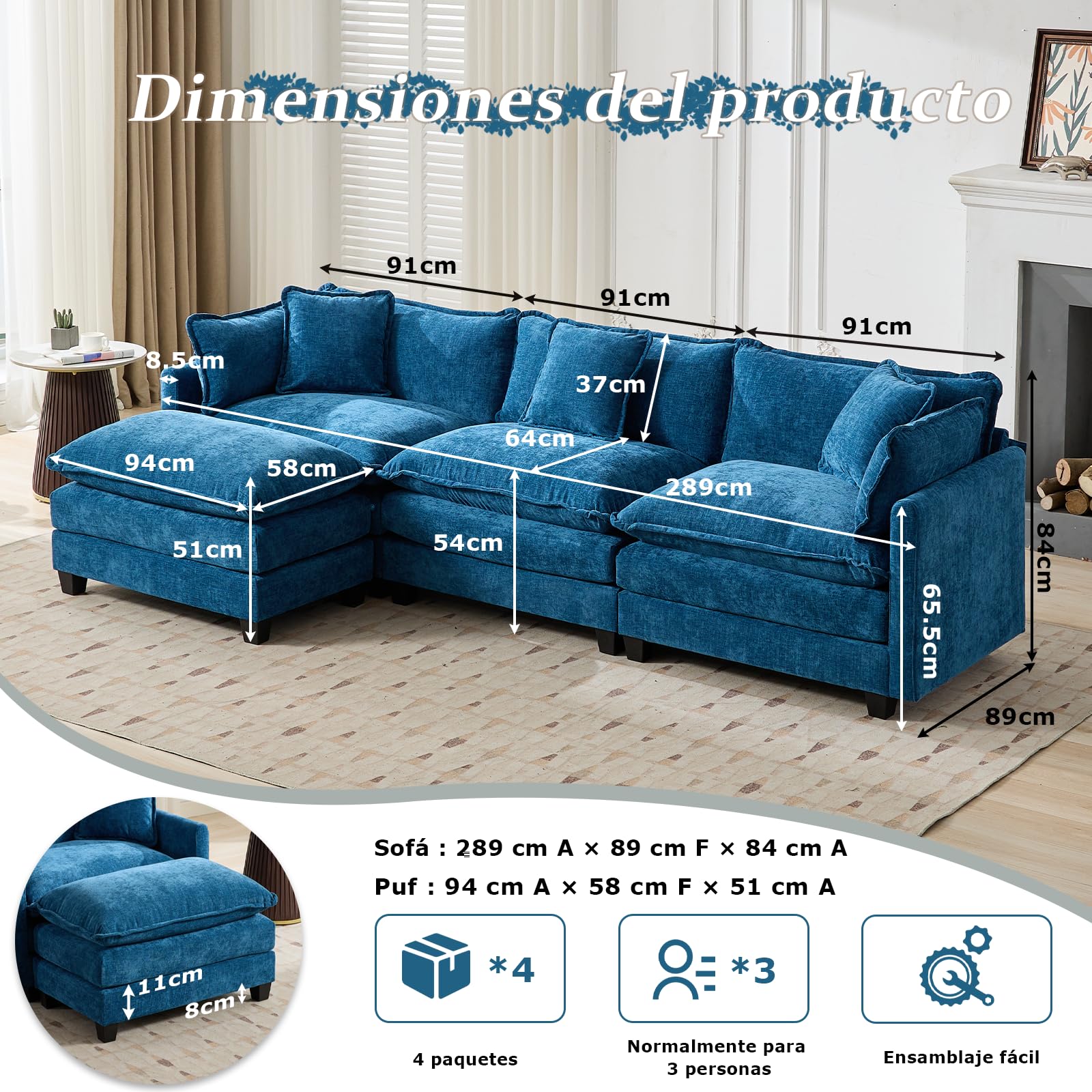 Sofá de salón Modular L 3 plazas 289cm, Chenilla Azul con Cojines Dobles | Tejido suave, resistente y transpirable, incluye cojines y reposabrazos. Ideal para salón, dormitorio y apartamento.