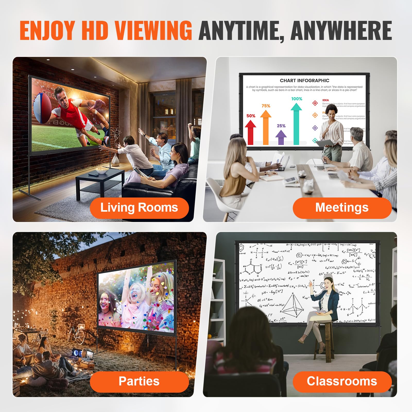 VEVOR Ekran projektora z podstawką, ekran projekcyjny 254.0 cm 16:9 4K 1080 HD, zewnętrzny ekran filmowy ze stojakiem, bez zagnieceń, ekran projekcyjny z nóżkami barowymi i torbą do przenoszenia, do