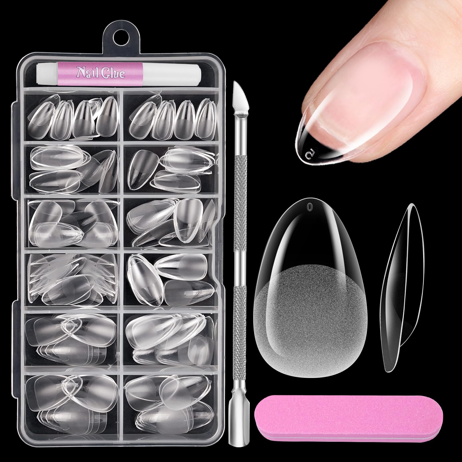 Uñas Postizas Cortas Almendra, Venares 120 Piezas Tips Uñas Acrilicas 12 Tamaños Kit Uñas Postizas y Pegamento de Uñas, Empujador de Cutícula Lima Uñas, Tips Uñas Postizas Gel para Nail Art