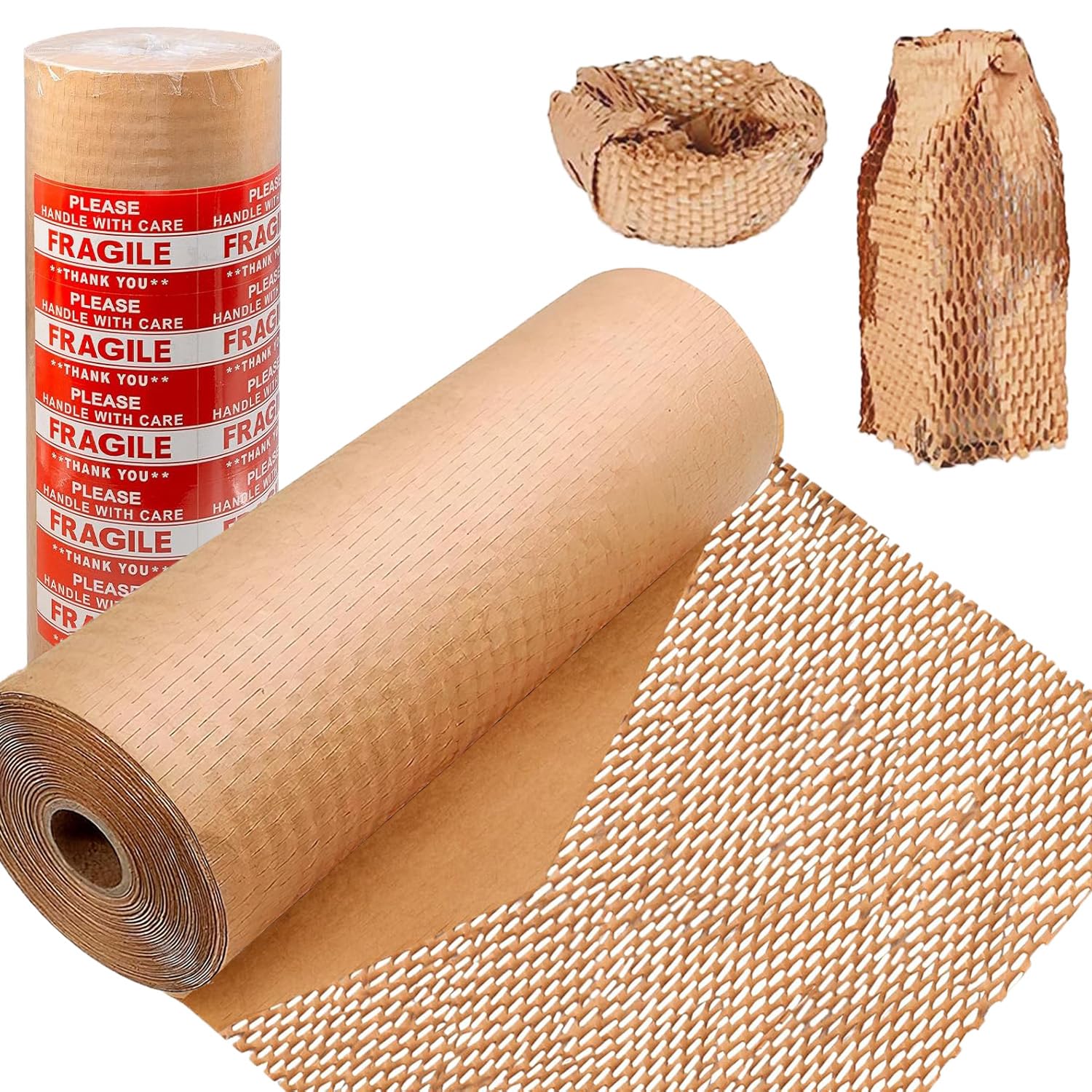 Honeycomb Packing Paper, 12" x 400' Honeycomb Cushioning Wrap Roll for Moving Shipping Packaging Gifts, Recyclable Honeycomb Paper Bubble Paper Wrapping with 20 Fragile Sticker Labels