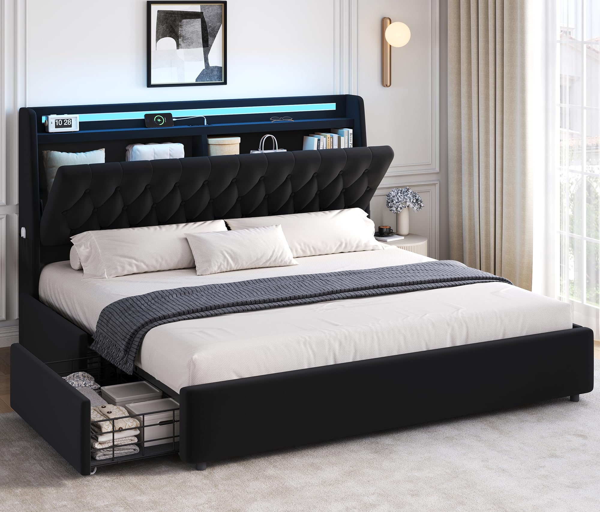 View 1 of **ONLY BOX 1 OUT OF 2** Jocoevol King Bed Frame with Hidden Headboard Storage and Drawers