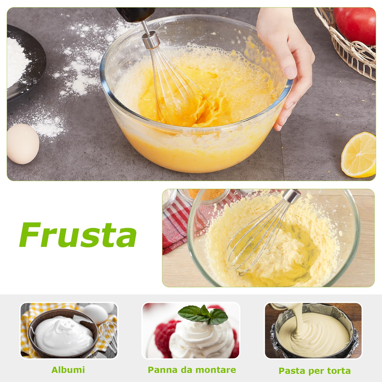 Bonsenkitchen Frullatore a Immersione 4-in-1, Piede in Acciaio Inox, 1000W